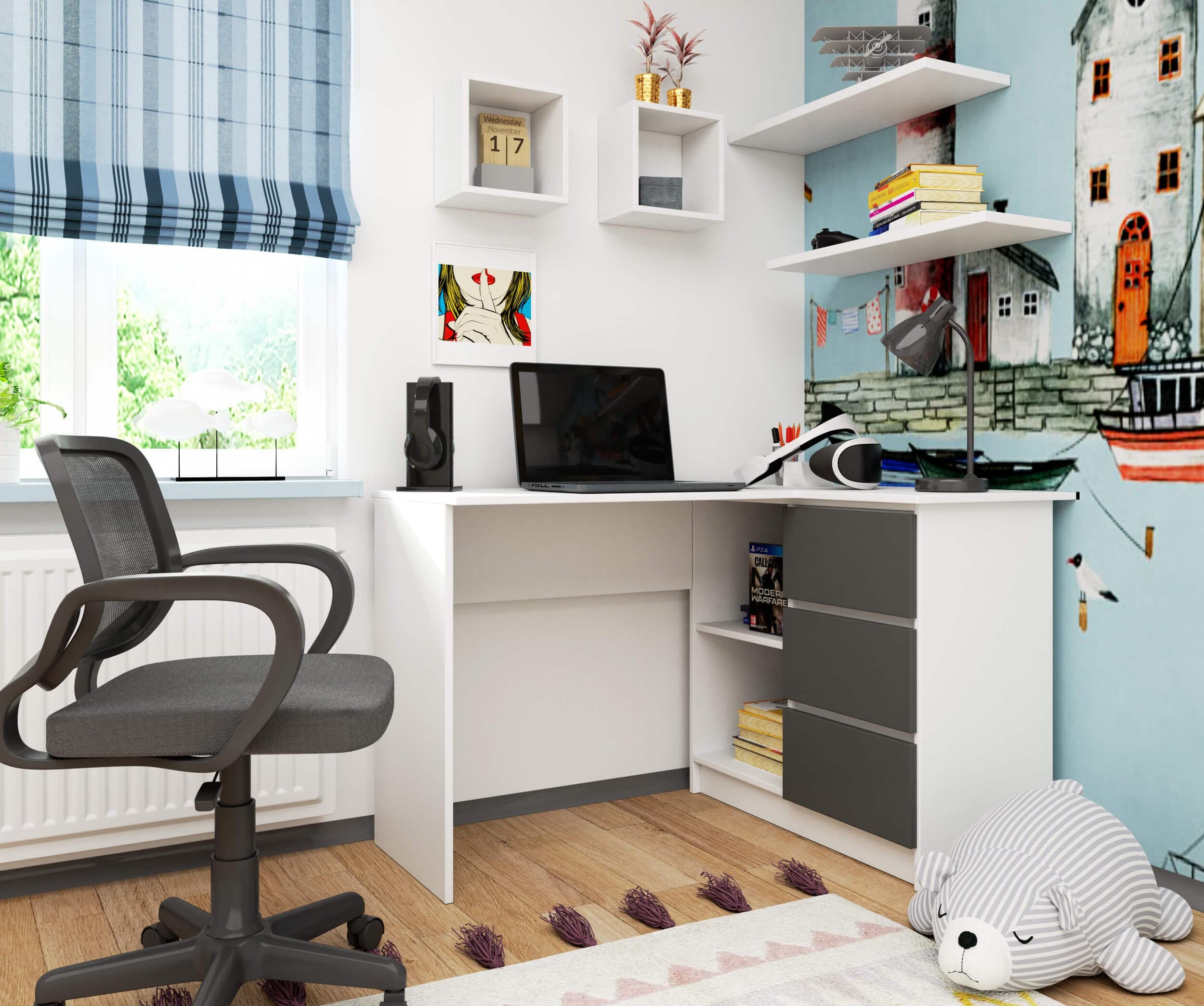 Escritorio esquinero AKORD B16 Blanco 124 cm con lado derecho 3 cajones frente en color Grafito Gris 2 estantes 124x85x77 cm