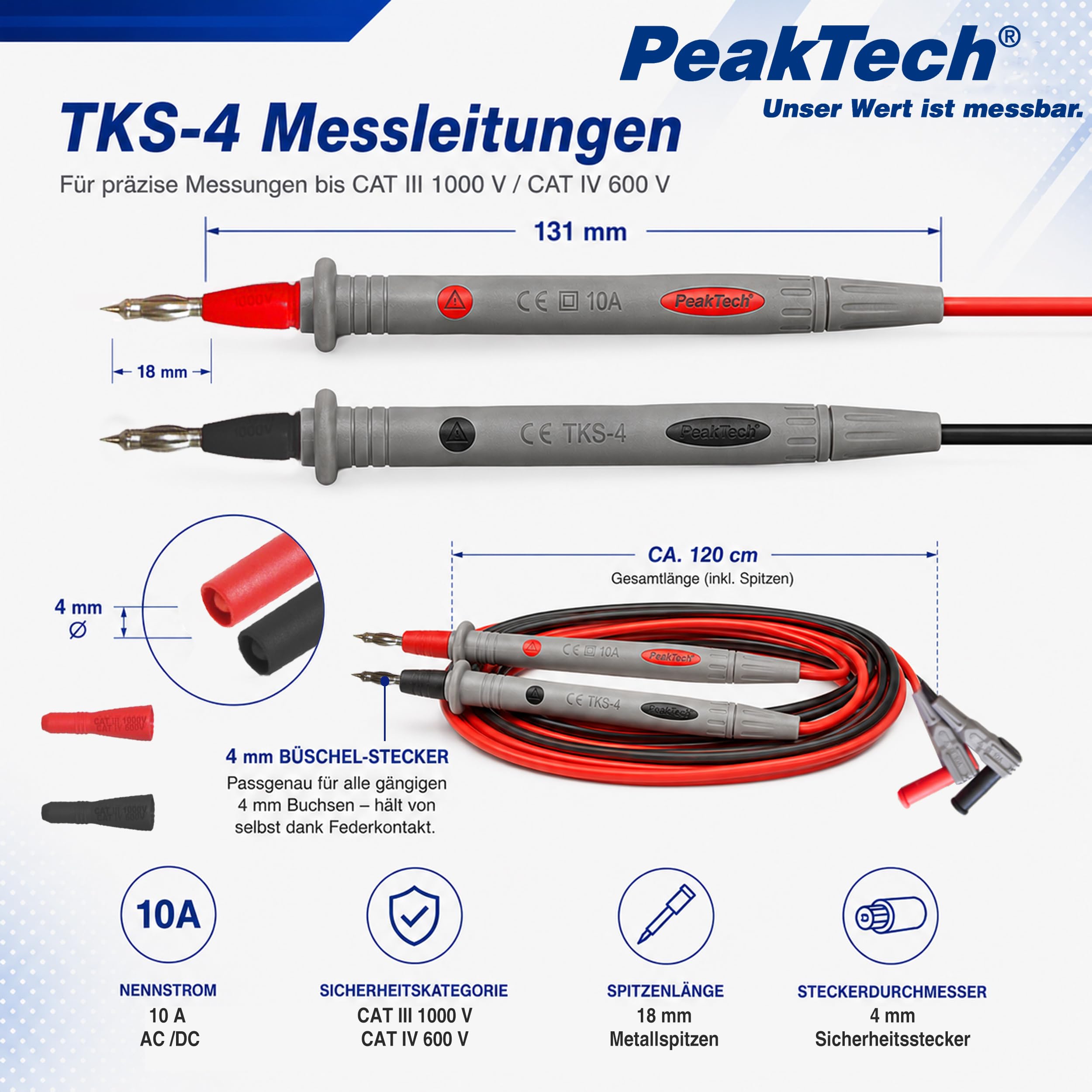 Peak Tech 1 Coppia Puntali multimetro Flessibile 120 cm, sicurezza – test kit di cavi, 1000 V AC/DC, 10 a, Cat III/IV, 1 pezzi, TKS 4