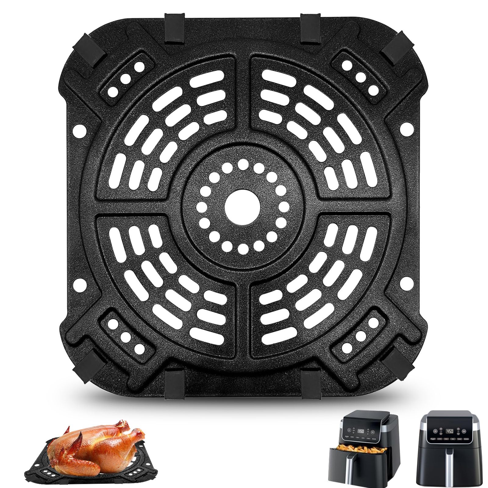 GXF Air Fryer Grill Pan for Ninja AF170UK AF180UK Air Fryer Pro XL 6-in-1 6.2L, 8.46''×8.46'' Air Fryer Accessories Tray Grill Plate Crisper Plate Replacement Parts Tray Rack with Rubber Bumpers