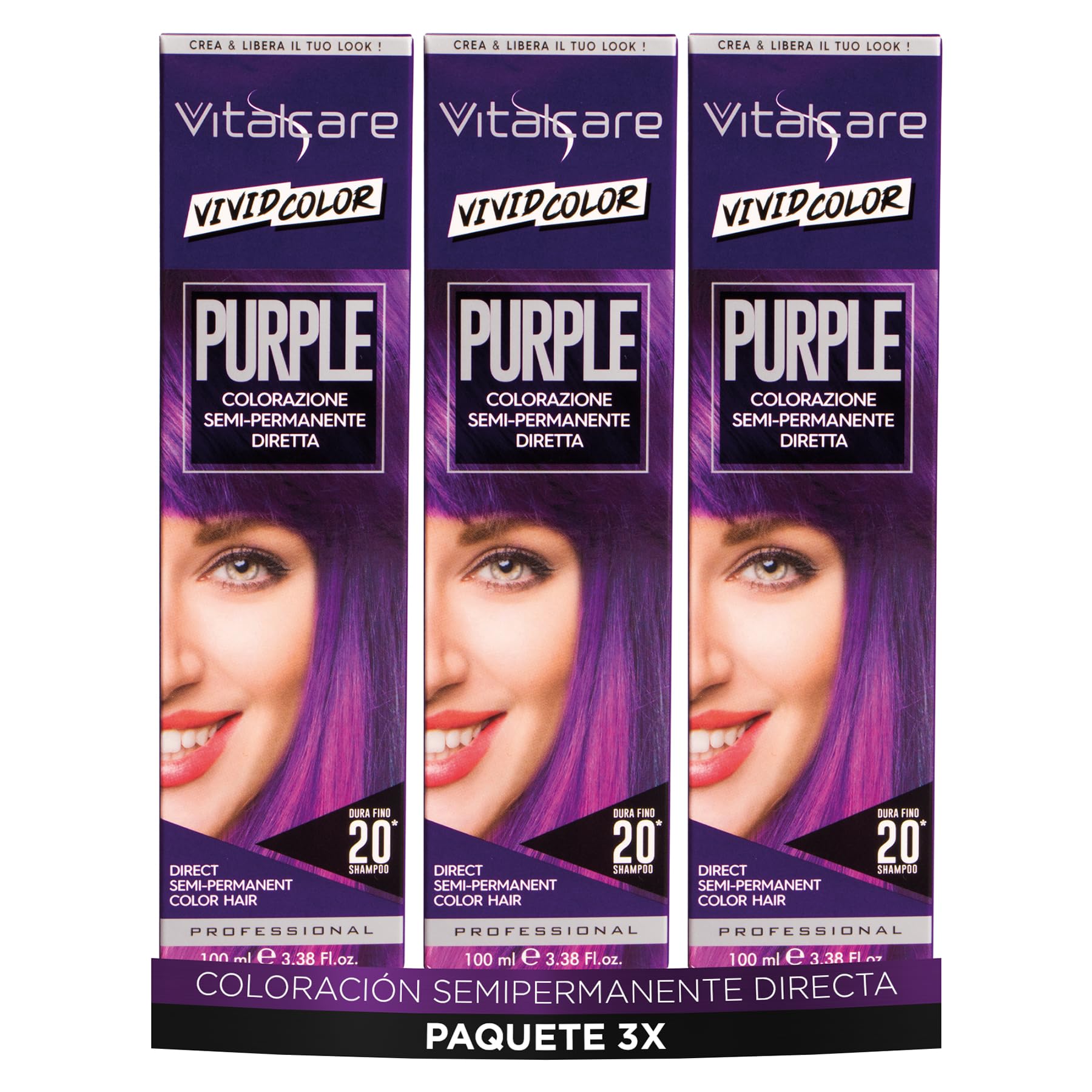 Vitalcare | Vivid - Professional Semi-Permanent Hair Colour, Hair Dye, Lasts up to 20 Washes, Soft, Hydrated and Shiny Hair, Purple, 3 x 100 ml