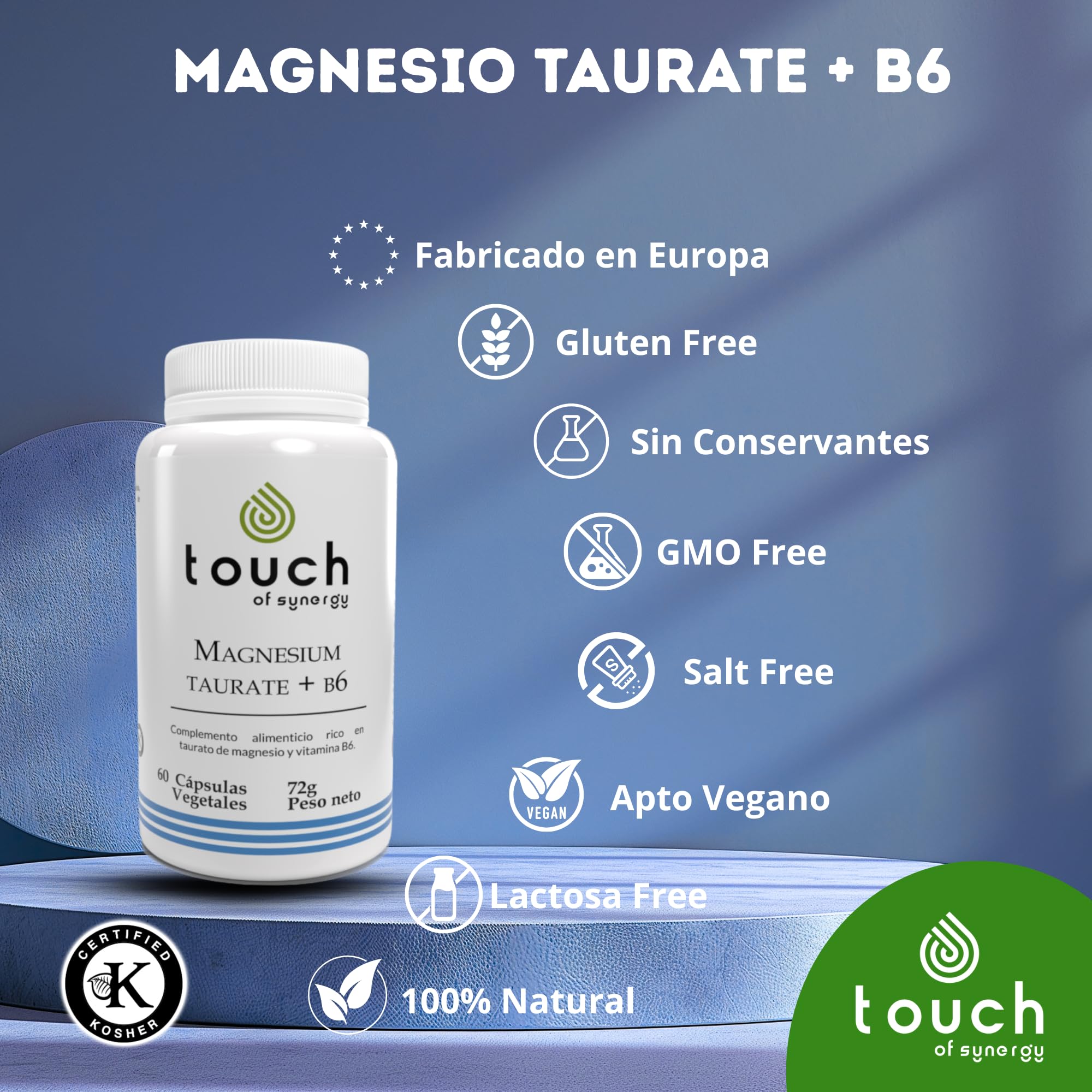 Magnesium Taurate + B6-60 Cápsulas - Suplemento de Magnesio y Vitamina B6 - Reduce el Estrés, Mejora el Sueño y la Función Muscular