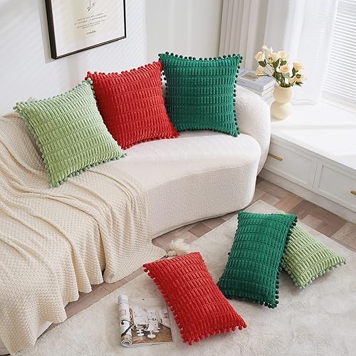 Miniatura 6 de EMEMA Juego de 2 fundas de almohada decorativas color caqui de pana de 18 x 18 pulgadas, con pompones de rayas bohemias suaves y modernas,