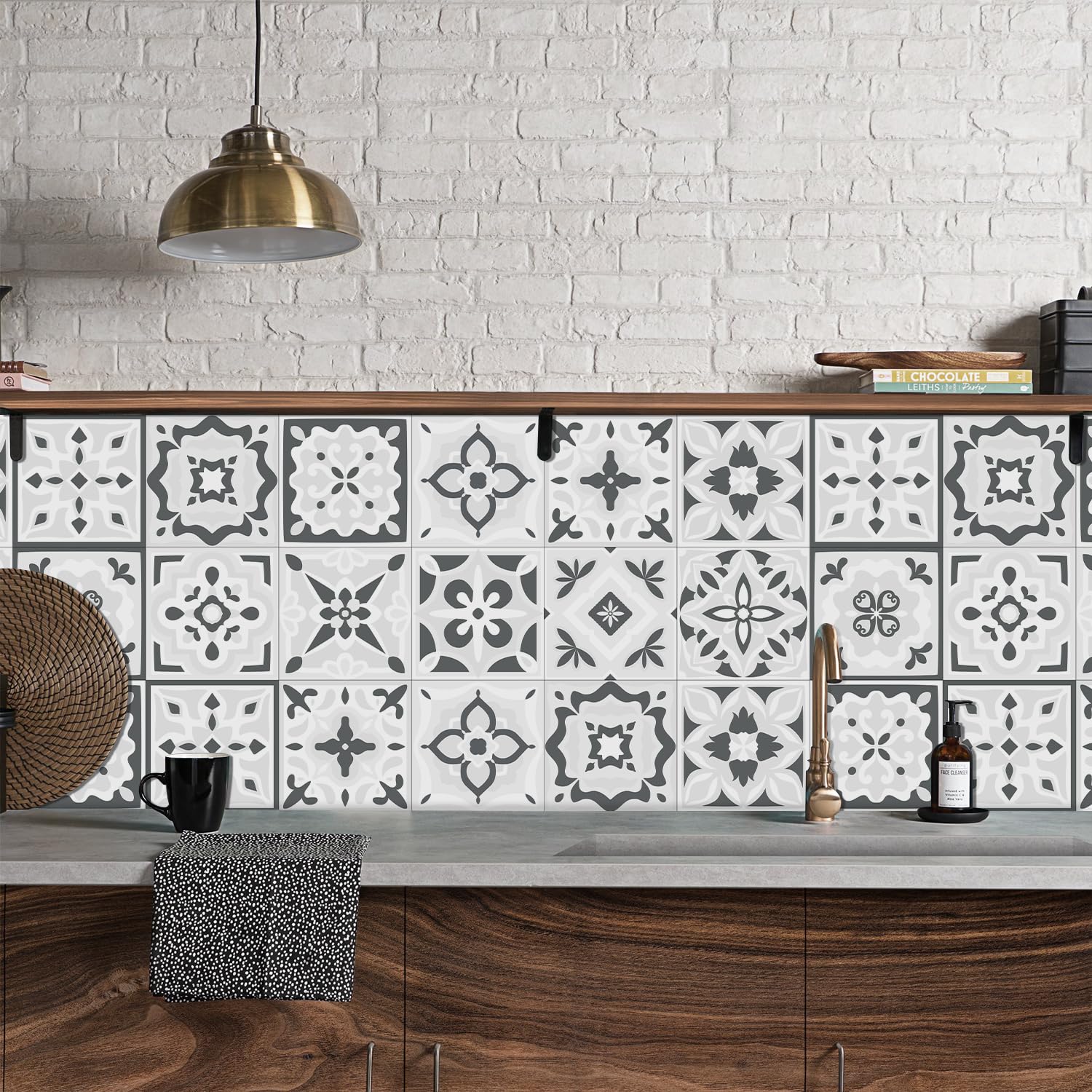 Naklejki na kafelki PCV | Szary Kwiat, 24 szt., 10x10/15x15/20x20 cm: Backsplash w łazience i kuchni(24 Pcs/15x15cm)