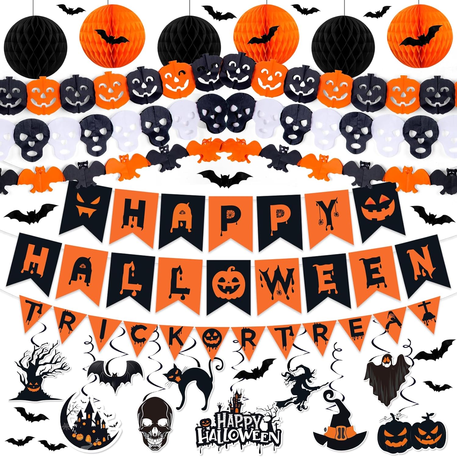 Halloween Party Decorations, 37Pcs Halloween Indoor Decorations Kit with Happy Halloweens Banner Pumpkin Bat Ghost Garland Hanging Swirl for Indoor Outdoor Home Wall Party Decor