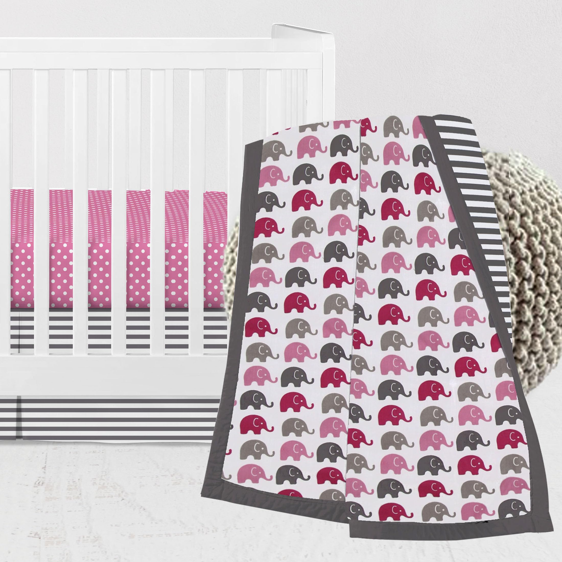 Bacati - Elephants Pink Fuschia Gray 3 pc Crib Bedding Set
