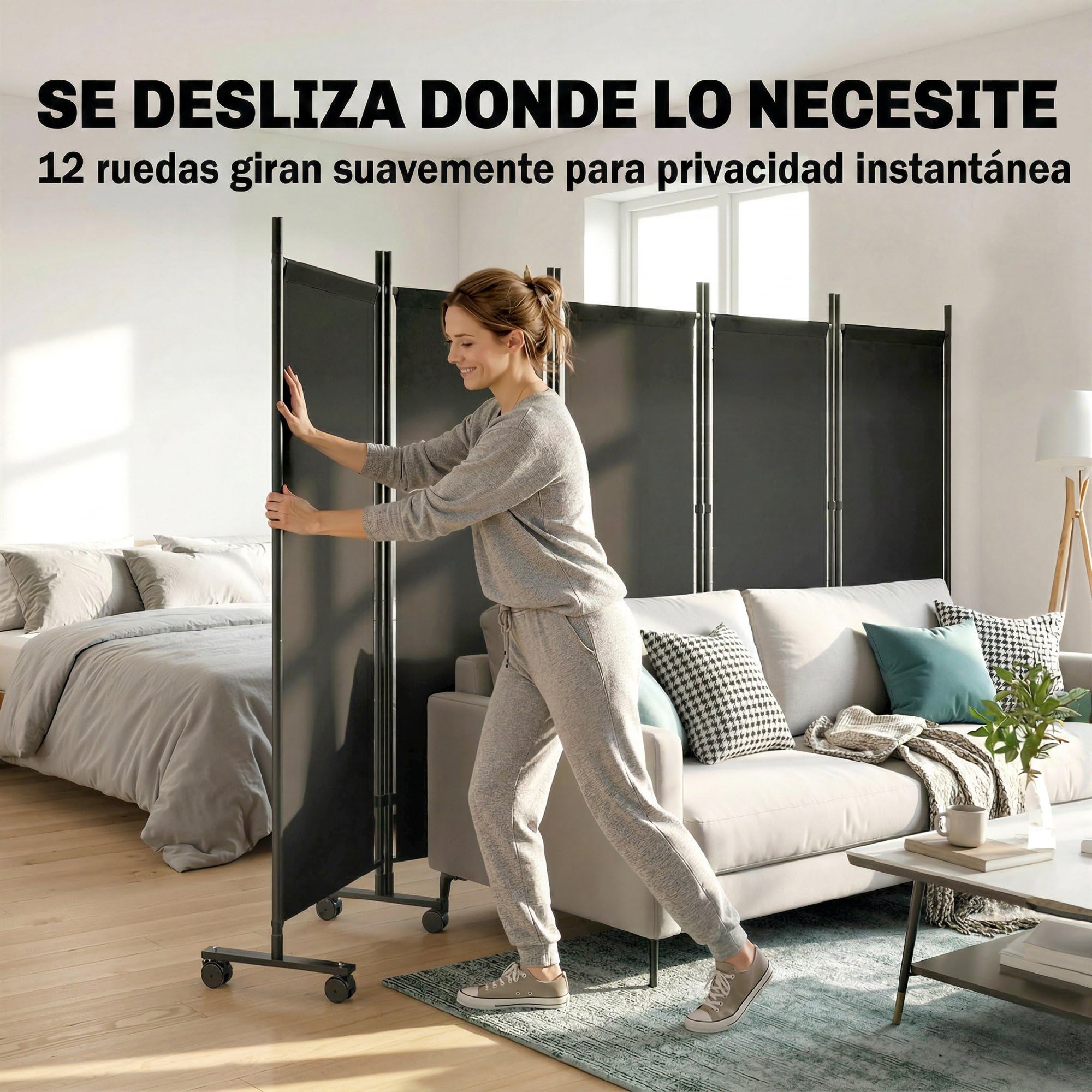 Outsunny Biombo Plegable de 5 Paneles con 12 Ruedas 252x170 cm Negro | Biombo Separador de Ambientes, Clips de Conexión, Montaje Personalizado, para Salón u Oficina