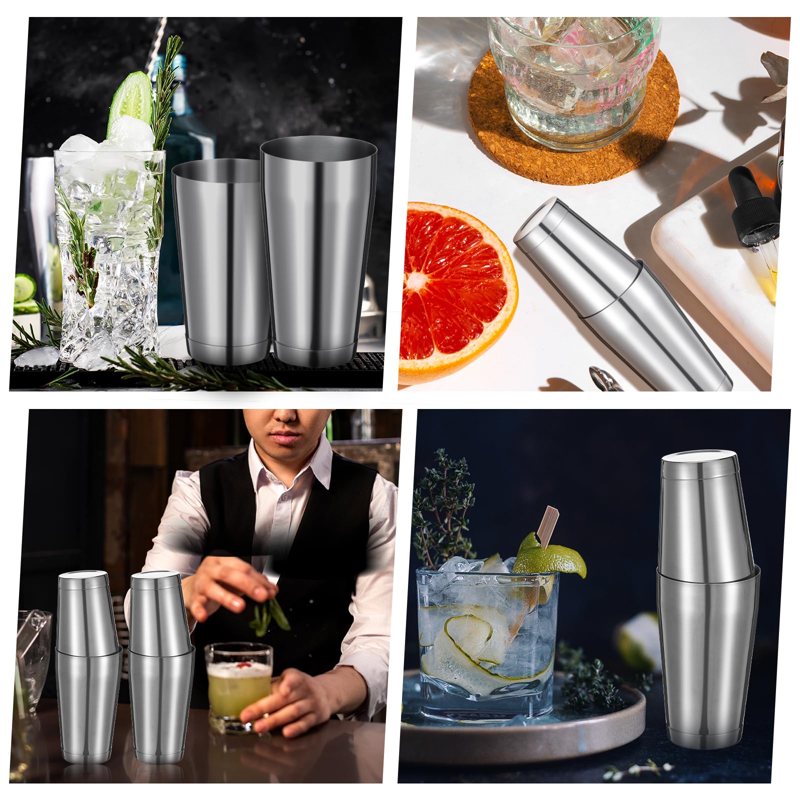 Juego de 4 cocteleras profesionales Boston de acero inoxidable, mezclador de bebidas Martini, herramienta básica, batido ponderado, juego de coctelera de metal (plateado) 7