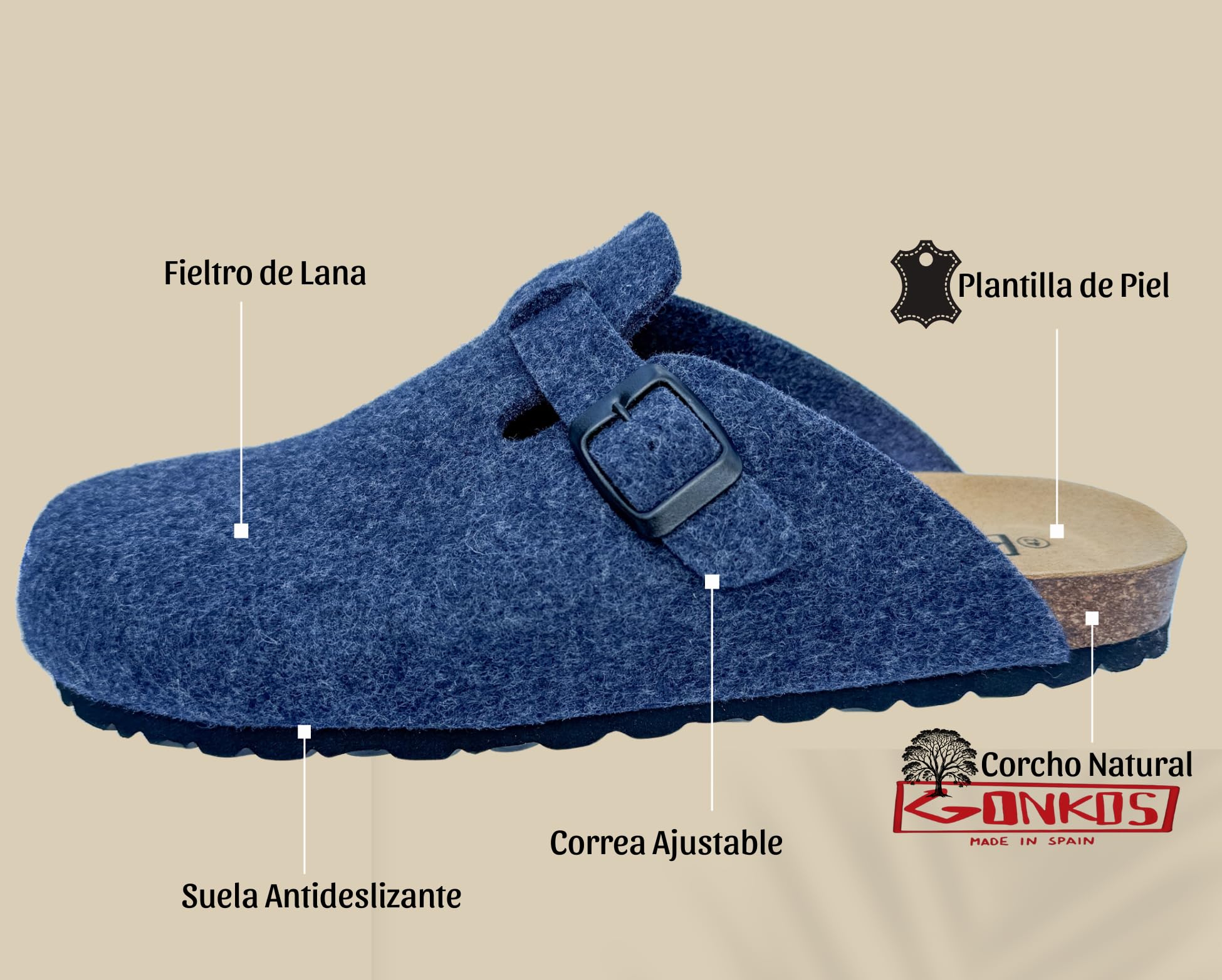 Zuecos de Lana Virgen, Plantilla Anatómica de Piel y Corcho Natural, Zuecos de Fieltro, Pantuflas Fieltro Hombre y Mujer, Zapatillas Casa Confortables de Calidad, Hechas a Mano en España