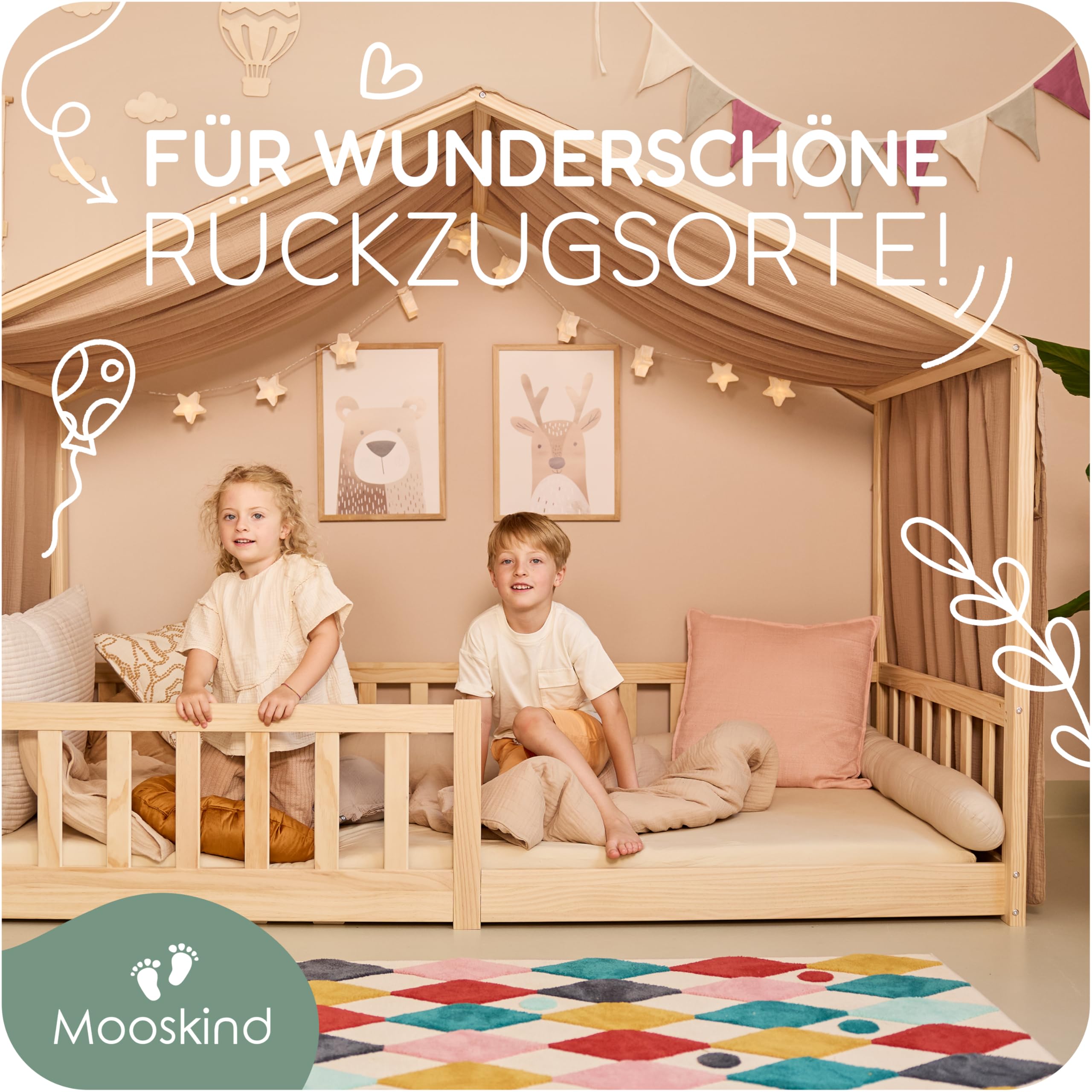 Wimpelkette Stoff [in 3 Farben] – Girlande Kinderzimmer aus 100% Bio-Baumwolle – Handmade Wanddeko für Babyzimmer & Hausbett – Wimpelgirlande für Mädchen & Jungen – Musselin Deko