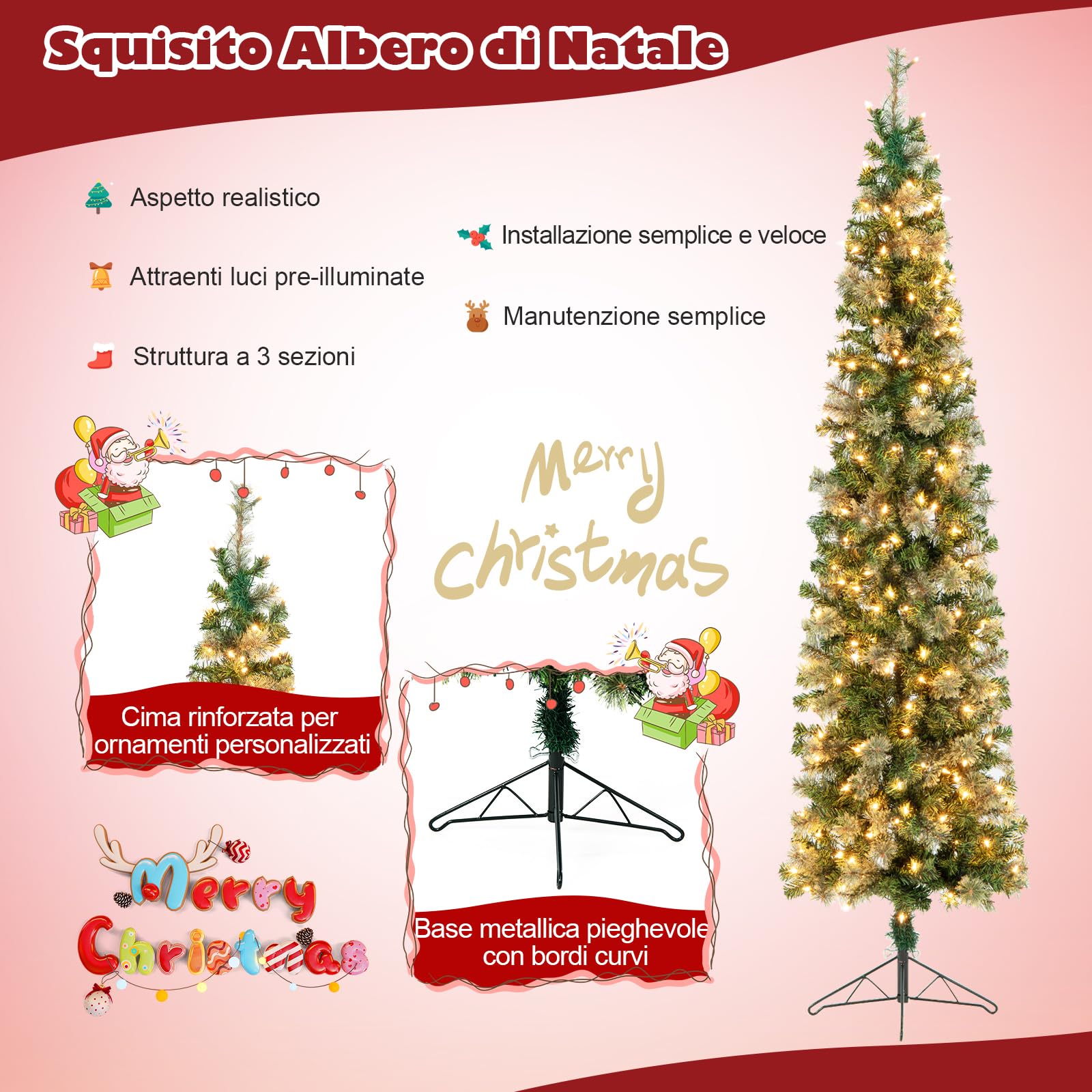 RELAX4LIFE Mezzo Albero di Natale da Parete 210 CM con Luci LED Incorporate, Rami Foglie Realistico in PVC, Base Pieghevole in Metallo, e Aghi di Pino (Modello 2)