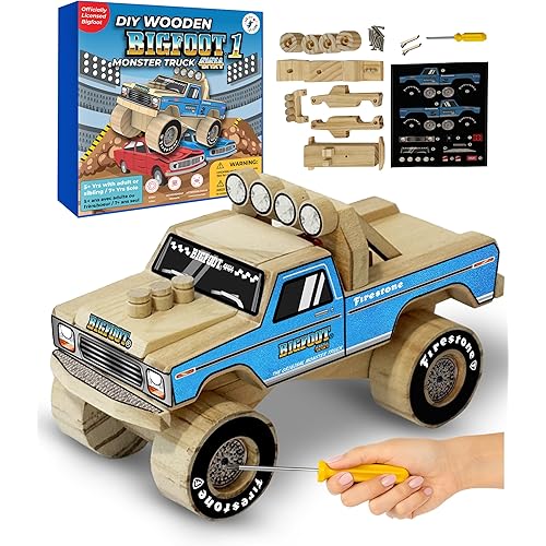 DIY Bigfoot 1 Monster Truck Wooden Kit w/Stickers (Small 5")- Officially Licensed Kids Building Kit - Wood Building Kits for Kids & Stem Toys for Ages 5-8 Years - Arts & Crafts Kits for Children