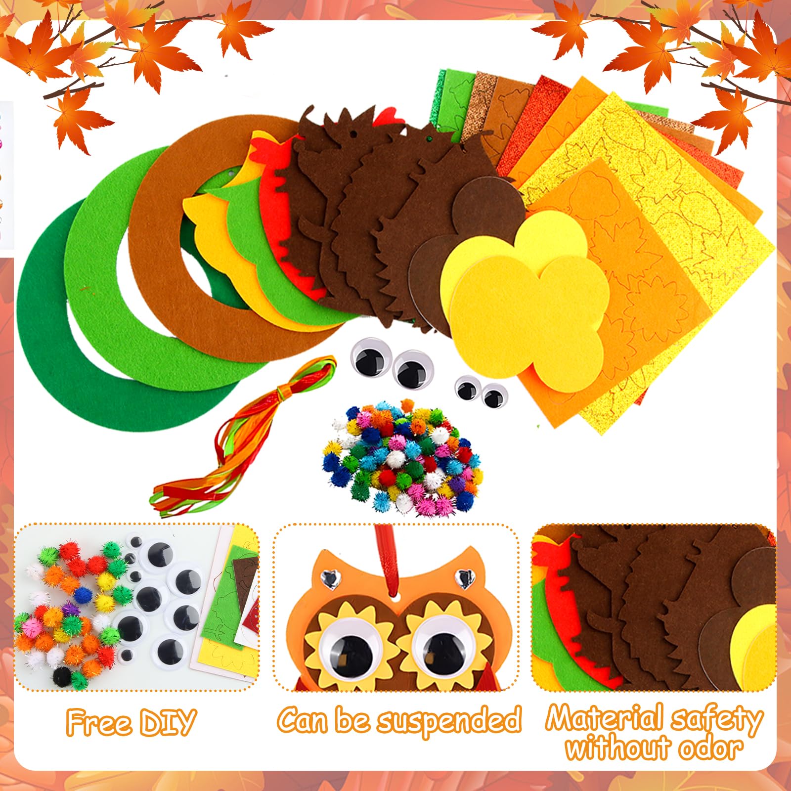 DTXYBC Kit Feltro Per Bambini - Gufo E Riccio Autunnali, 12 Kit Lavoretti Creativi Con Adesivi Diamante Per Thanksgiving
