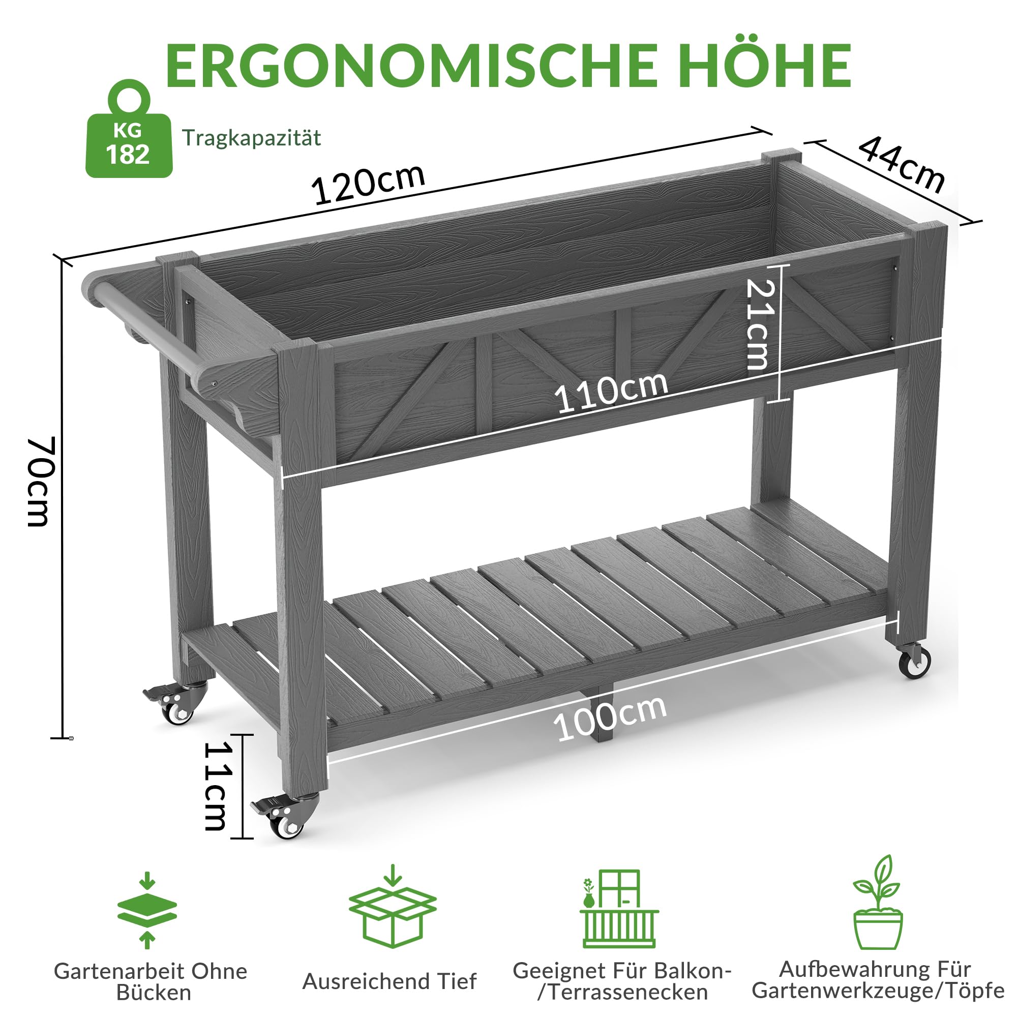 Hochbeet 120x44x70cm, Metall Hochbeet mit Rollen & Griff, 3 Haken & Vlieseinlage, Für Gemüse Blumen Kräuter, Garten Balkon Terrasse, Grau