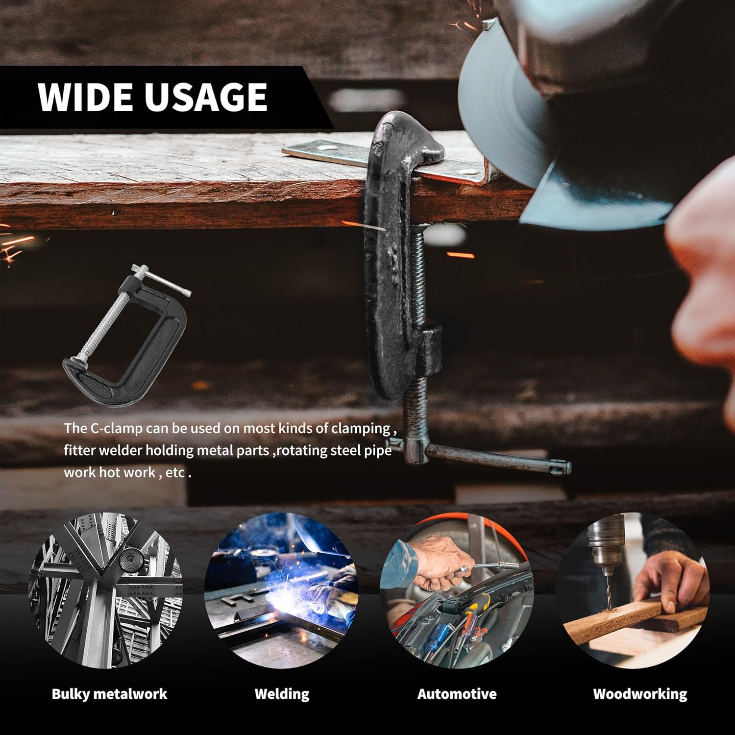 4 Pack 8 Inch C Clamp, Heavy Duty Steel C Clamps Set, Green Industrial Strength C Clamp for Woodworking, Welding, Building, Metal Workpiece