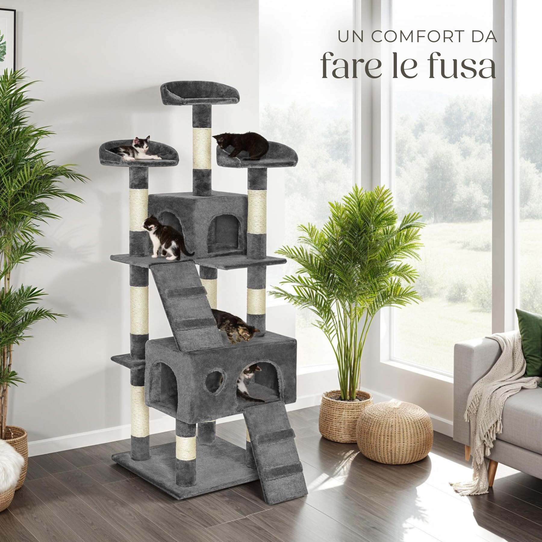 tectake® Tiragraffi per Gatti con Casette, Tiragraffi Gatto con Piattaforme e Colonna Grattatoio, Albero per Gatti Altezza 170 cm, Torre Gatti per Interni, Casa per Gatti - Grigio