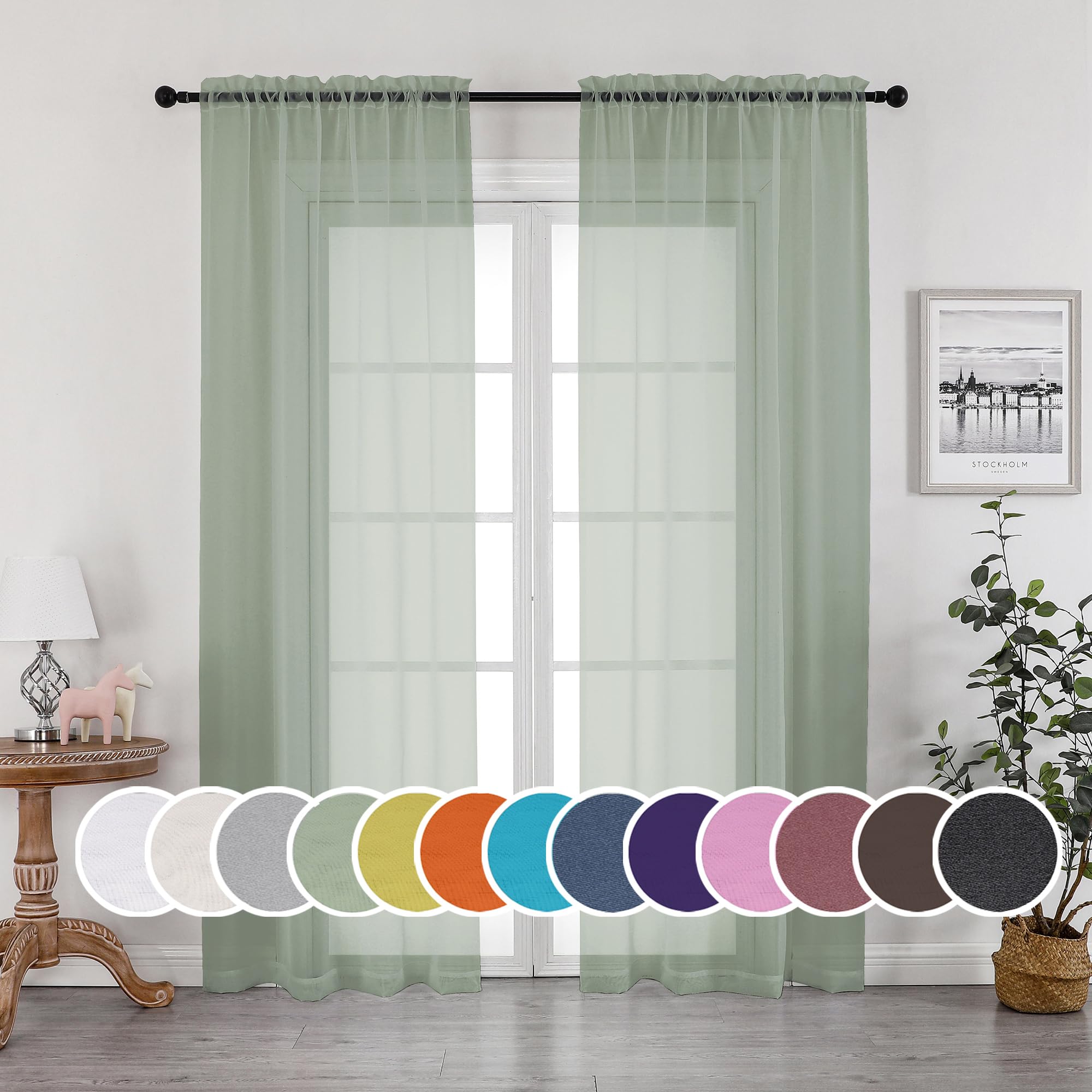 Sheer Curtains 90 Inches Long 2 Panels Set, Sage Green Sheer Curtains Rod Pocket Voile Drapes for Living Room, Airy Soft-Touching Drapes, 2 PCS Panels, Each 42" W x 90" L Inch