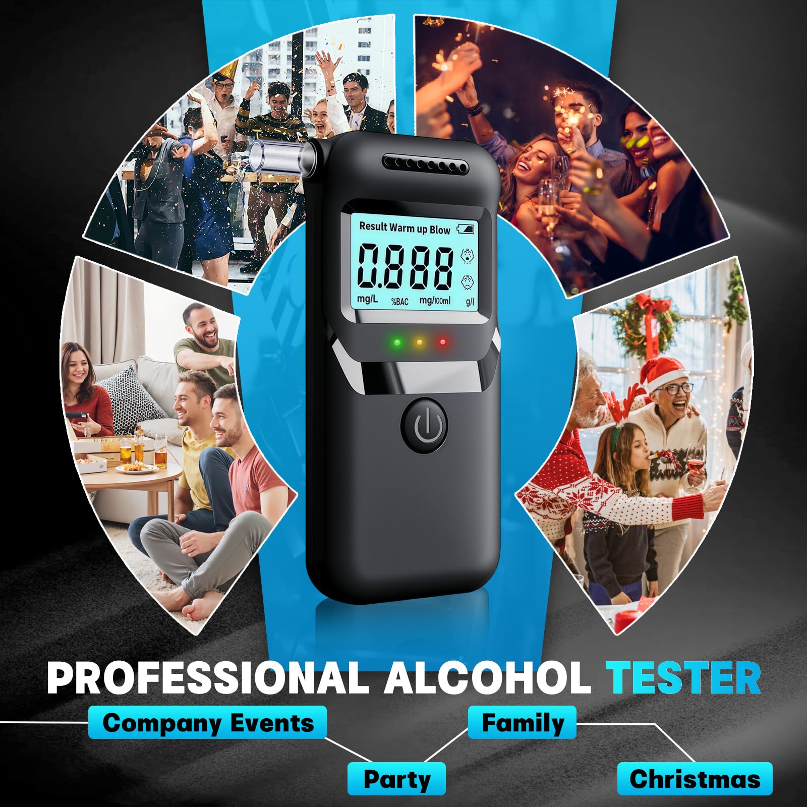 Alcoholimetro Homologado DGT, Test Alcoholemia con Pantalla LCD y 20 Boquillas, con Sensor Rápido, Alcoholímetro Portátil, Alcohol Test de Alta Precisión para Familia Partido