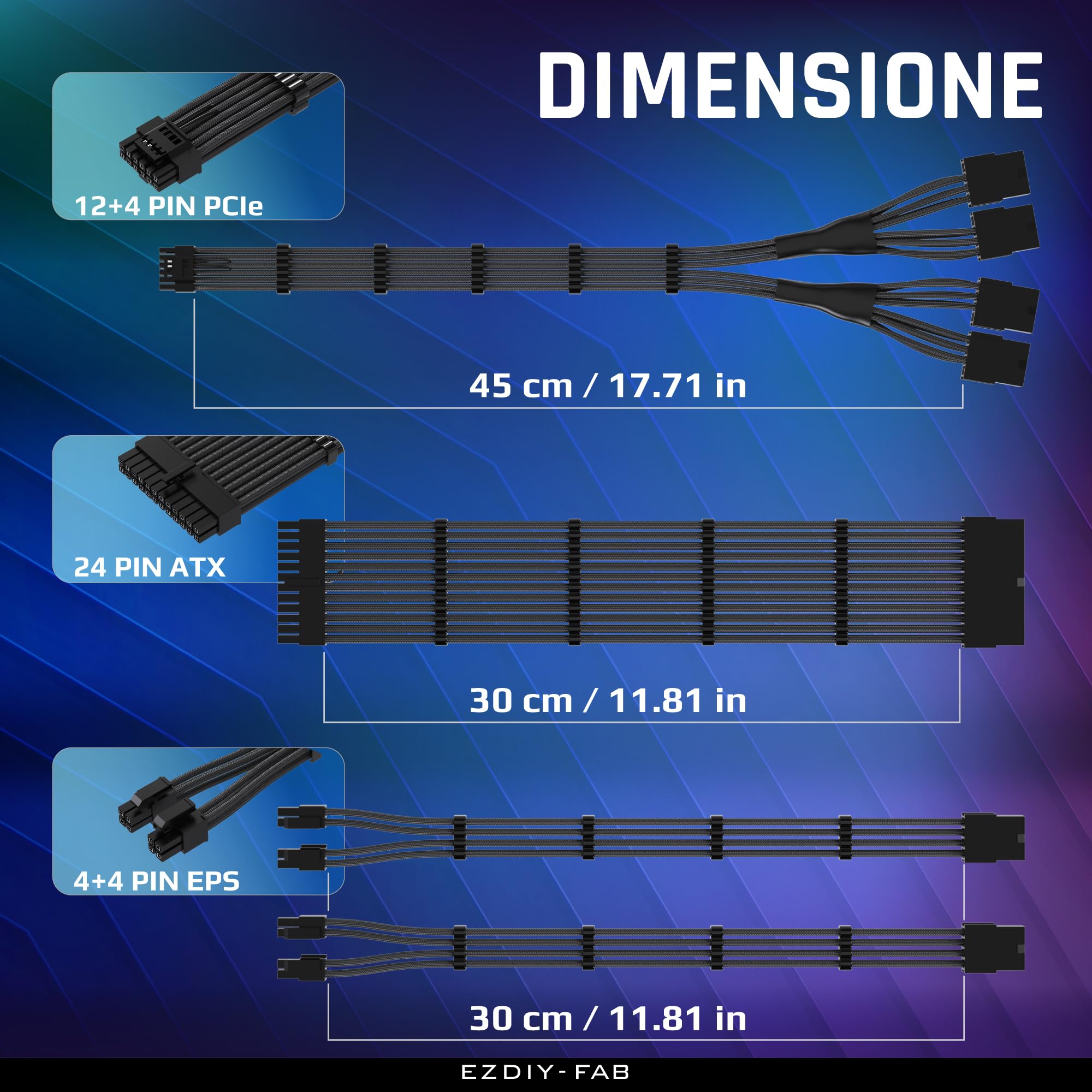 EZDIY-FAB Kit di Cavi con Manicotto PCIE 5.0 12VHPWR,Prolunga del Cavo di Alimentazione 16AWG,Cavo di Estensione da 24 PIN-ATX/(4+4) PIN-EPS/(12+4) PIN a 4X 8 PIN PCIE- RTX4090/4080/4070Ti-Nero