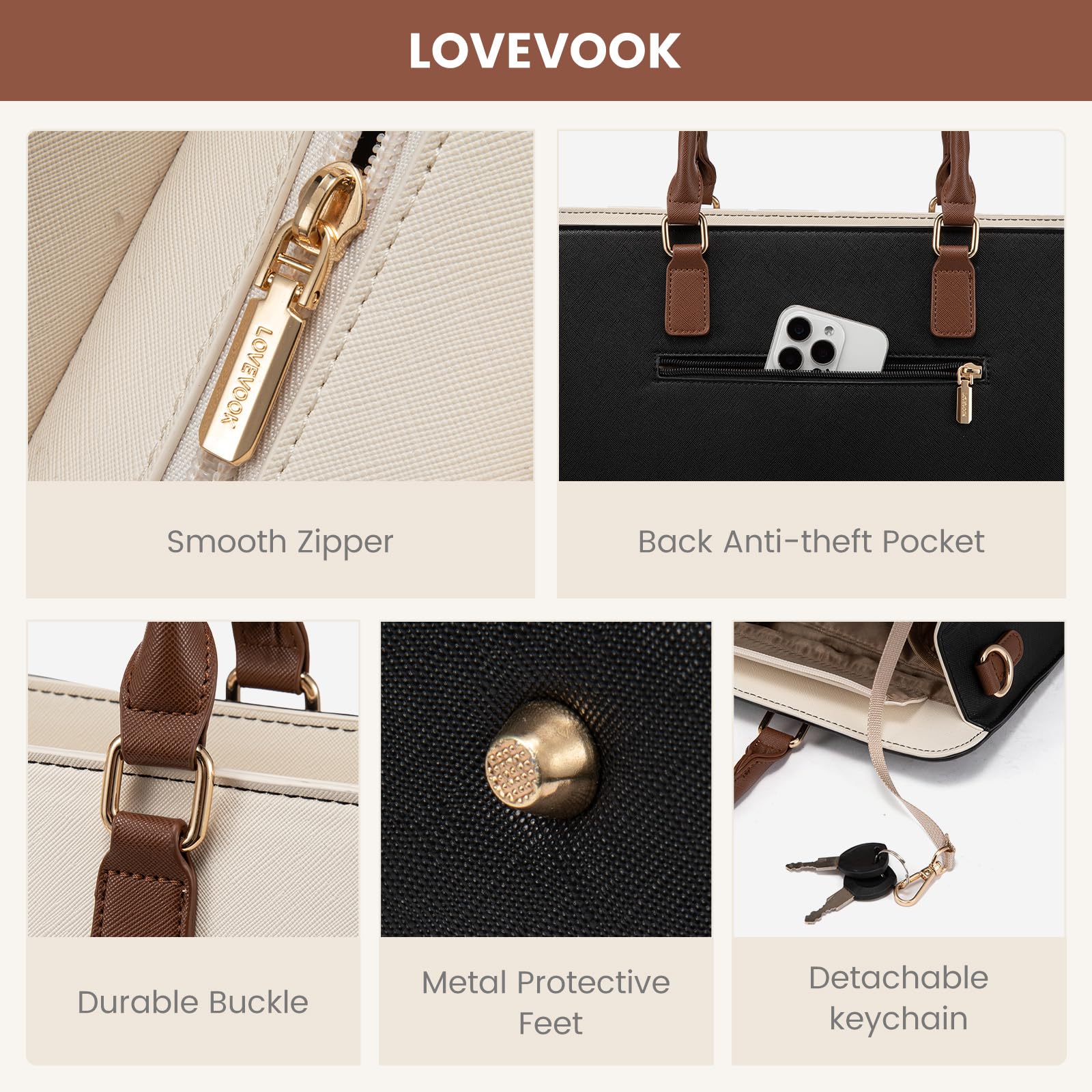 LOVEVOOK Handtasche Damen Groß, 15,6 Zoll Laptoptasche Arbeitstasche Elegant Uni Tasche Schultasche Lehrertasche, PU Leder Aktentasche Business Shopper Tasche Tote Bag für Schule Büro Arbeit