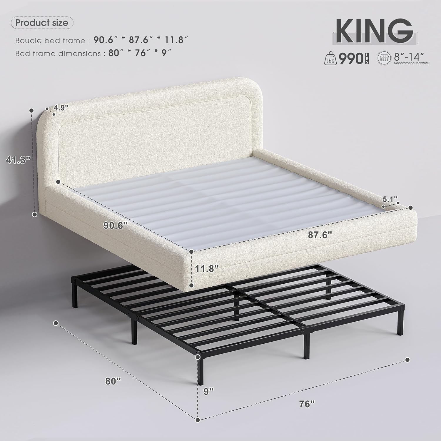 Homkdom King Size Bed Frame and Headboard, Upholstered Cloud Bed Frame, Anti-Collision Soft Rounded Corners, Boucle Platform Bed for Apartments, Guest Rooms, No Box Spring Needed,Beige