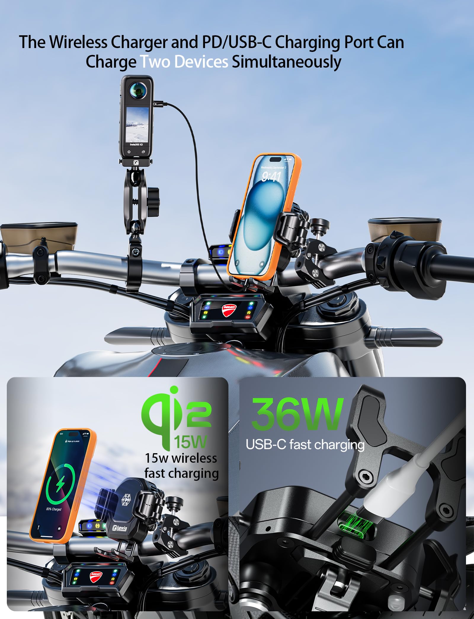 Kewig Support de téléphone pour moto avec chargeur sans fil Qi2 15 W et port de charge rapide 36 W PD/USB-C [amortisseur de vibrations] [compatible avec l'appareil photo] Support de téléphone pour