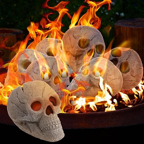 Zhehao Paquete de 6 calaveras de cerámica, cráneos humanos imitados a prueba de fuego de 9 pulgadas, accesorios de hoguera, troncos falsos, piedras