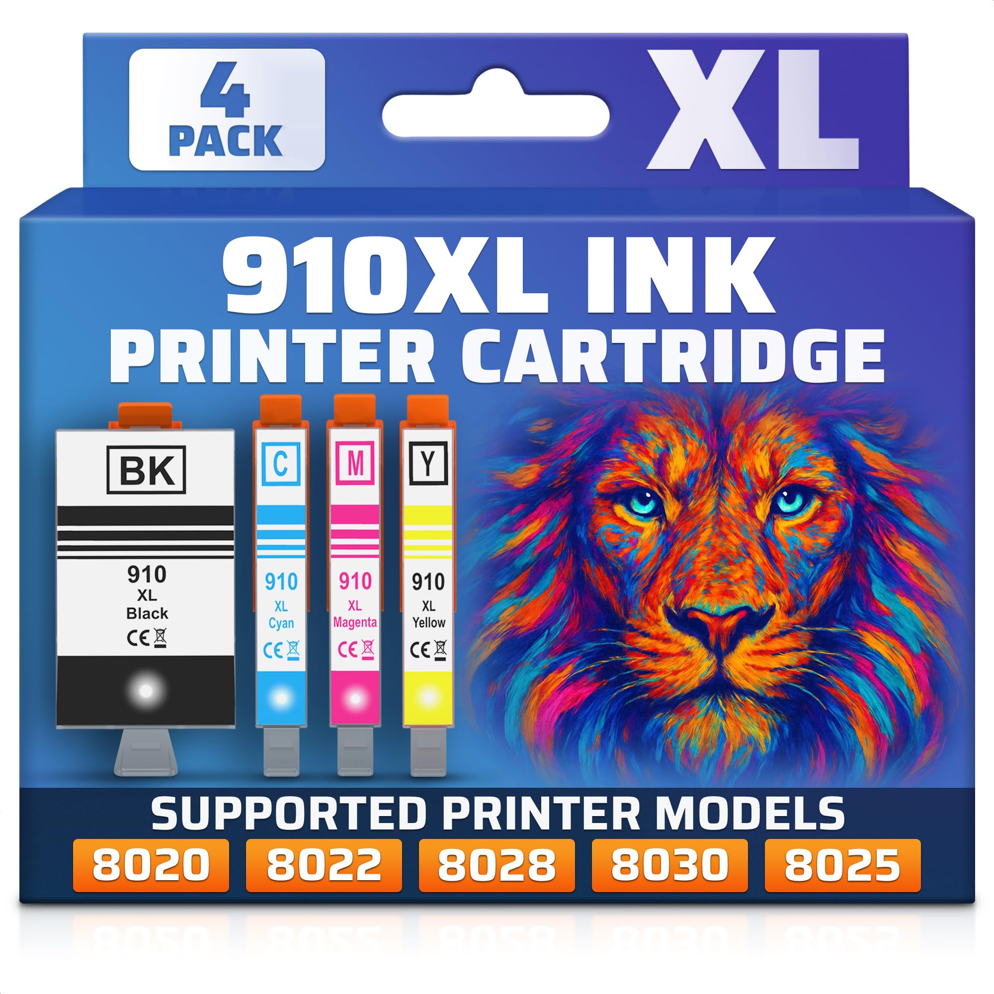 Confezione da 4 cartucce d'inchiostro 910XL per stampanti 910XL, nero e a colori per stampanti 8020, 8025, 8028, 8030, 8035, 8010, 8015, 8018, 8022, qualità di stampa affidabile e installazione rapida