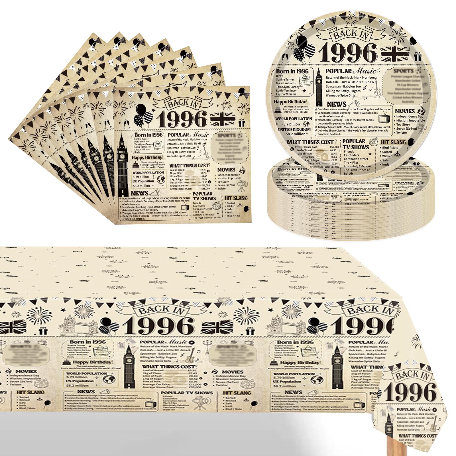 Eiapadeor 30th Birthday Decorations Tableware Set - 37 Pcs 30th Birthday Party Plates Napkins Table Cloth Vintage Back in 1996 Disposable Dinnerware Set for Women Men 30 Year Old Party Supplies