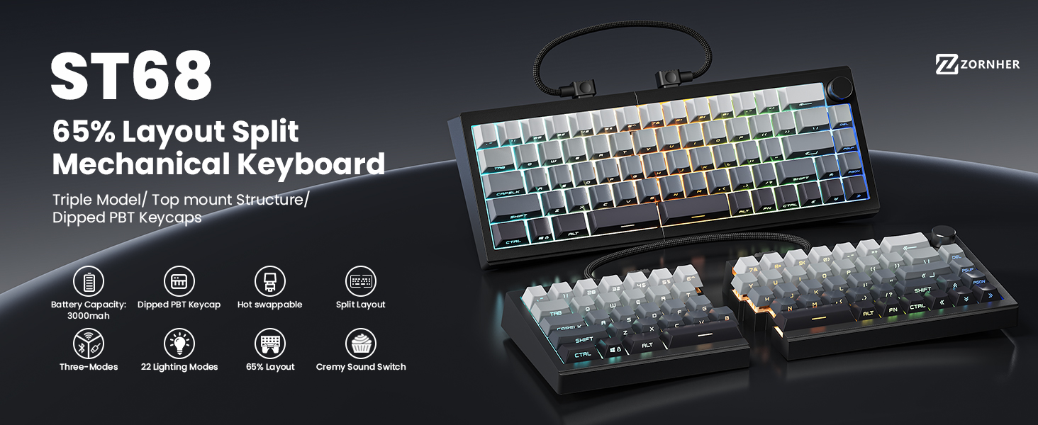 Amazon.com: ZORNHER ST68 Ergonomic Split Keyboard,65% Wireless