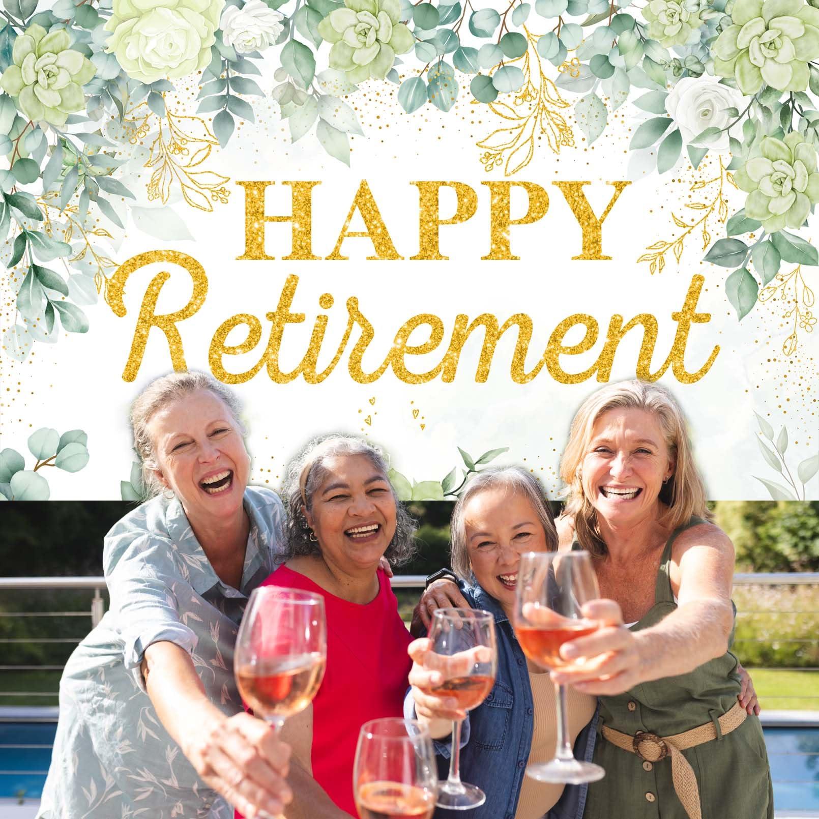 Happy Retirement Hintergrund Für Frauen – 180 X 110 Cm, Floral, Fotohintergrund Für Party, Inkl. Aufhängeseil