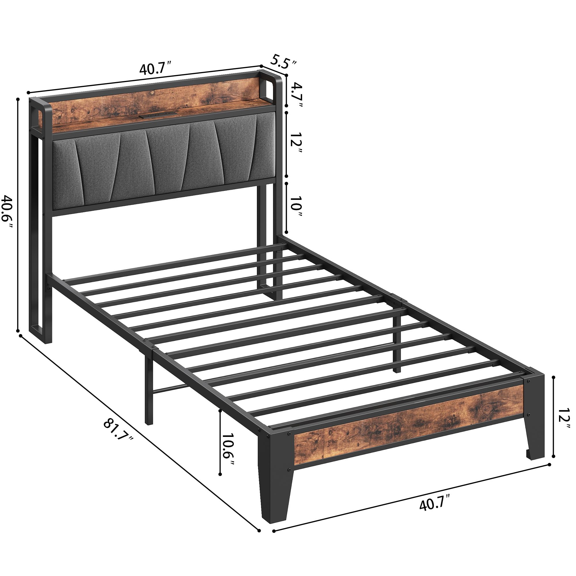 LIKIMIO - Single bed frame, storage headboard with charging station, solid and stable, no noise, no box spring needed, easy assembly