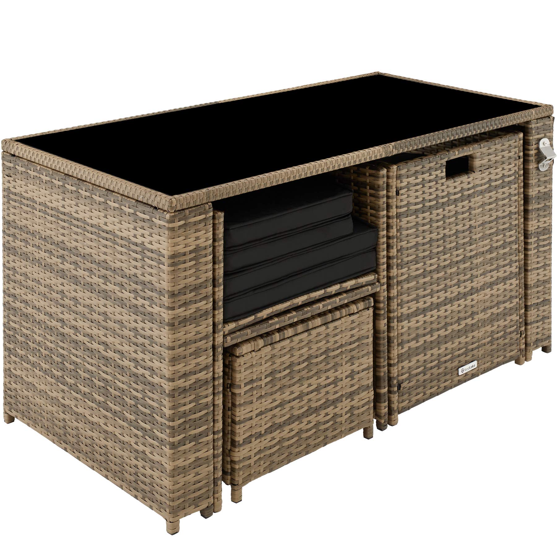 tectake® Conjunto Jardín Exterior de Ratán y Acero, Muebles Jardín Exterior Resistente a la Intemperie, 2 Sillones Plegables, 2 Taburetes, 1 Mesa con Cristal, con Cojines y Abrebotellas - marrón