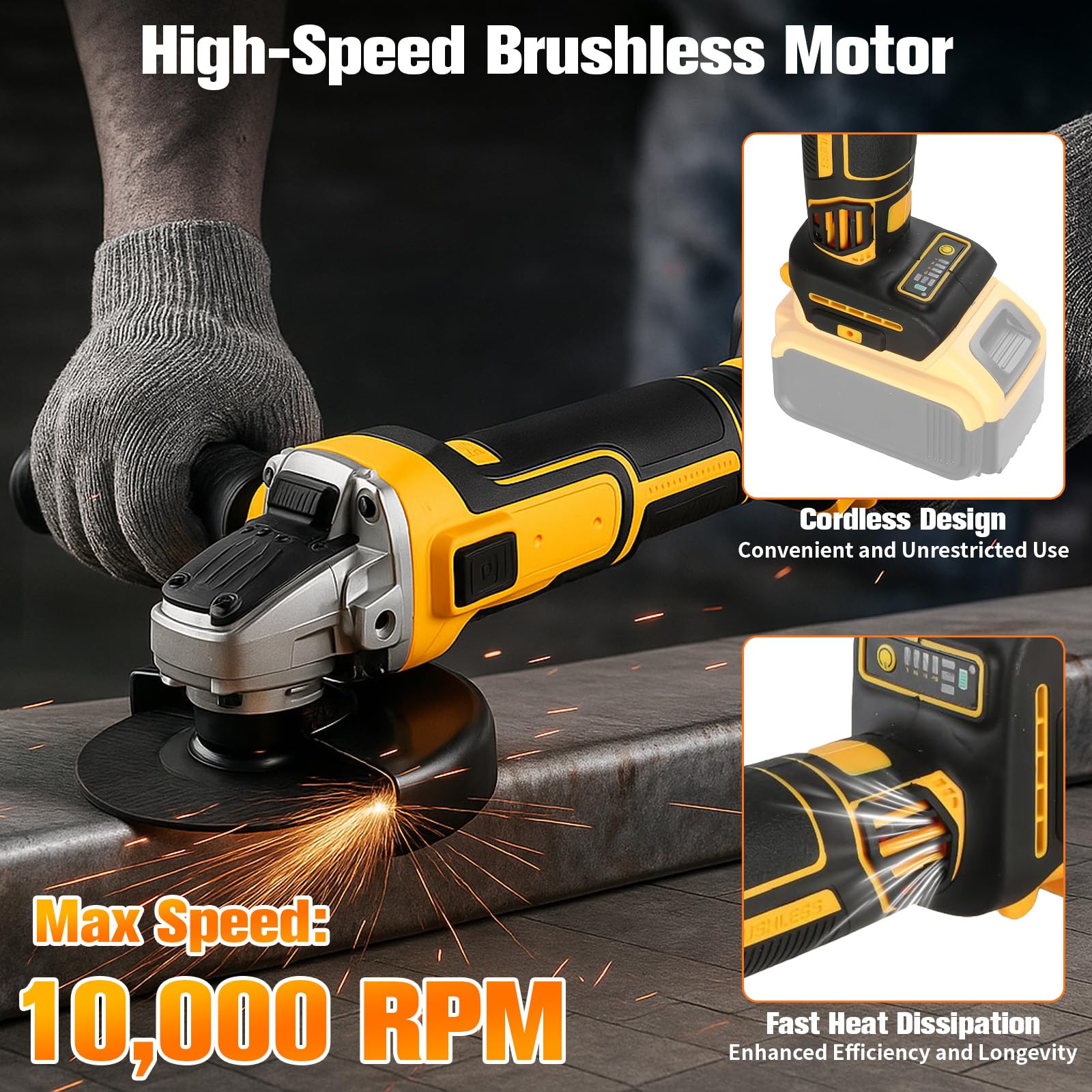Amoladora angular inalámbrica compatible con batería Dewalt de 18 V y 20 V, potente herramienta de amoladora de 125 mm con ajustes de 3 velocidades, motor sin escobillas de 10000 rpm, protector