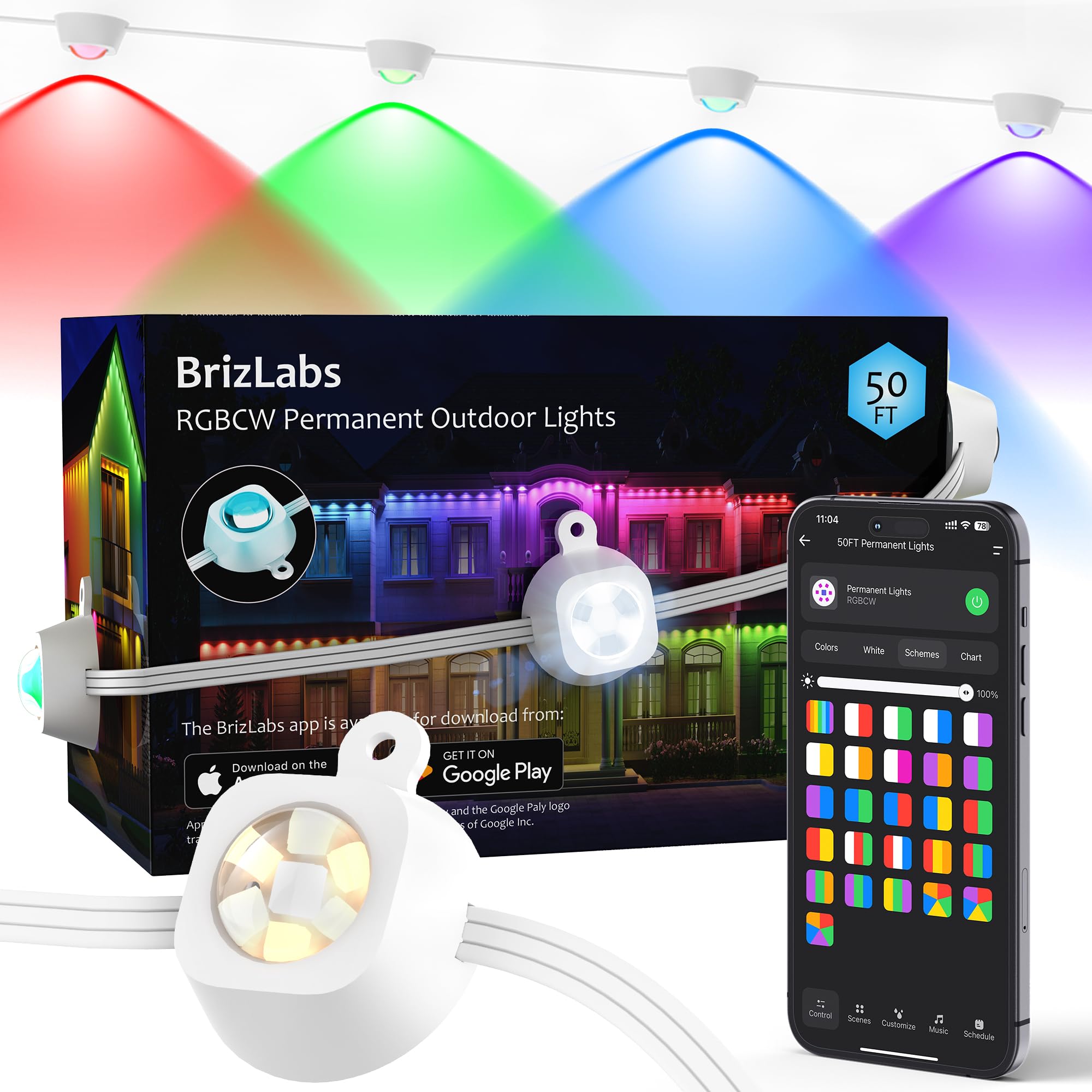 BrizLabs Signature Permanent Outdoor Lights 50ft, 30 LED RGBCW