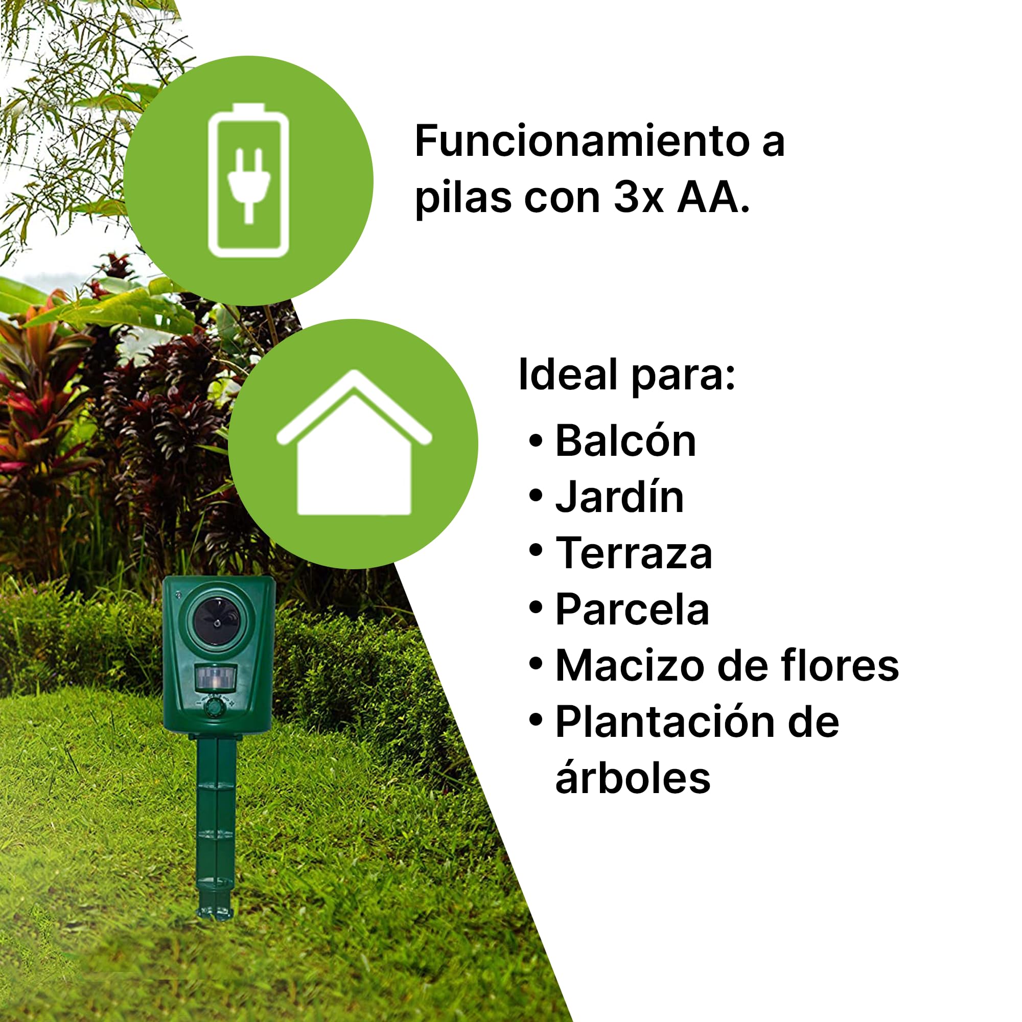 ISOTRONIC Repelente ultrasónico para Animales Salvajes, Aves, Perros, Gatos y martas. Dispositivo Repelente a Pilas con estaca para jardín. Alcance Efectivo de 60 m² (3 Unidades).