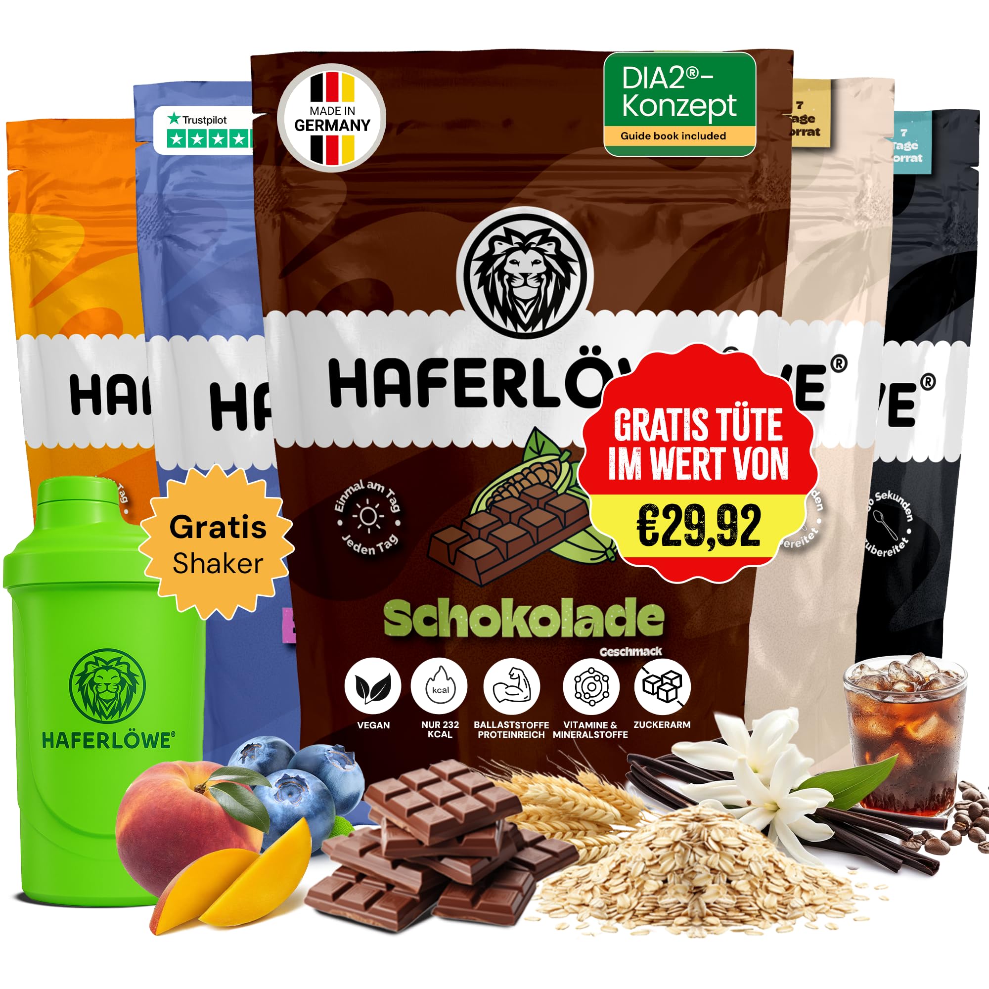 Haferlöwe Haferkur 35 Tage Starter Set | Leckere Hafertage in 5 Geschmacksrichtungen inkl. Gratis Shaker und Leitfaden | Protein Shake | Leckerer Diät Hafershake | DIA2® Ernährung