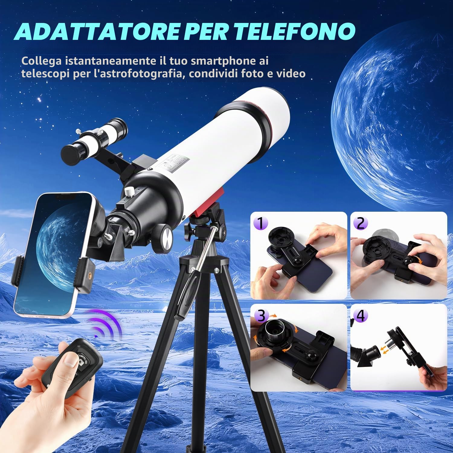 Coolifepro Telescopio Astronomico Professionale, 90/700mm Portatile Telescopio Rifrattore per Bambini e Principianti con Treppiede Regolabile, Adaptador para Teléfono, Filtro Lunare, Borsa