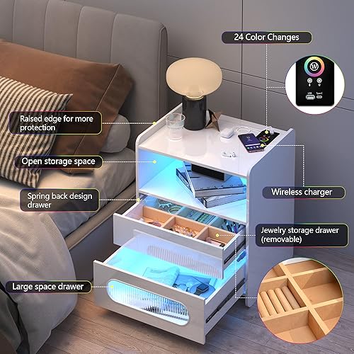Miniatura 4 de dnbss Mesita de noche LED RGB con estación de carga, moderna mesita de noche con cajones de almacenamiento de joyas, soporte de noche inteligente