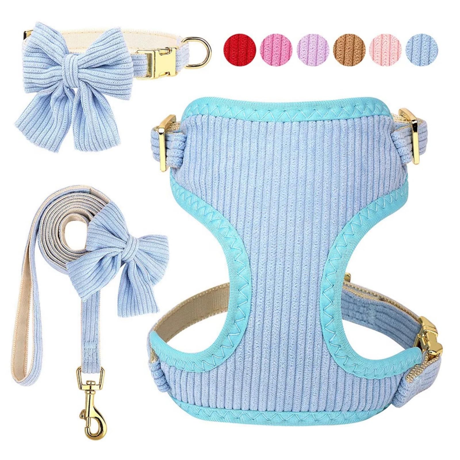 Juego de arnés y correa para perros medianos y pequeños, 3 collares y correas ajustables con pajarita, chaleco acolchado de malla suave transpirable para cachorros y perros pequeños, azul, S