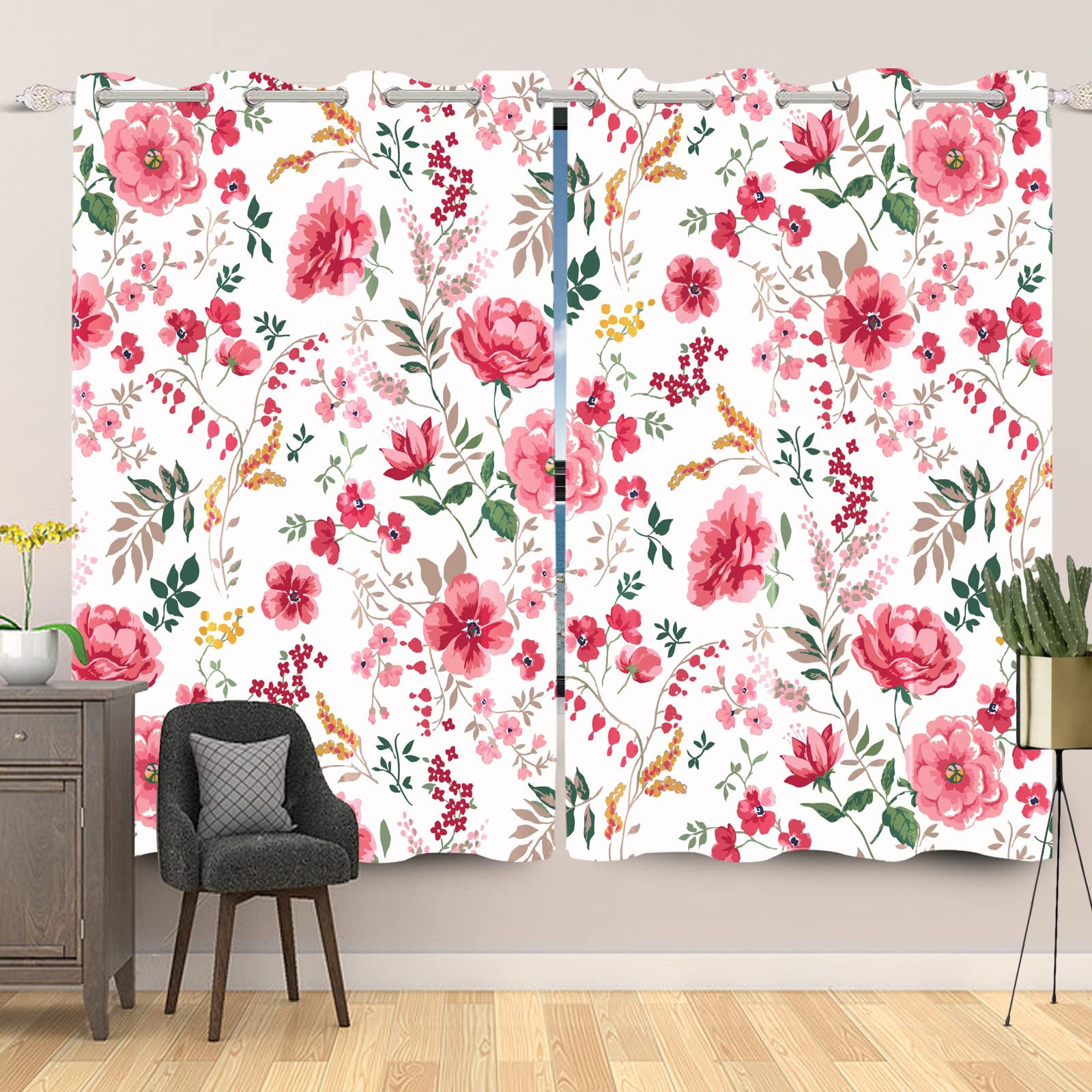 117x183cm Cortina con Ojales de Flores Rosa Floral Estético Botánico Granja Estilo campestre Aislantes Térmicas Cortinas para Ventanas Dormitorio de niña Sala de Estar,2 Panels