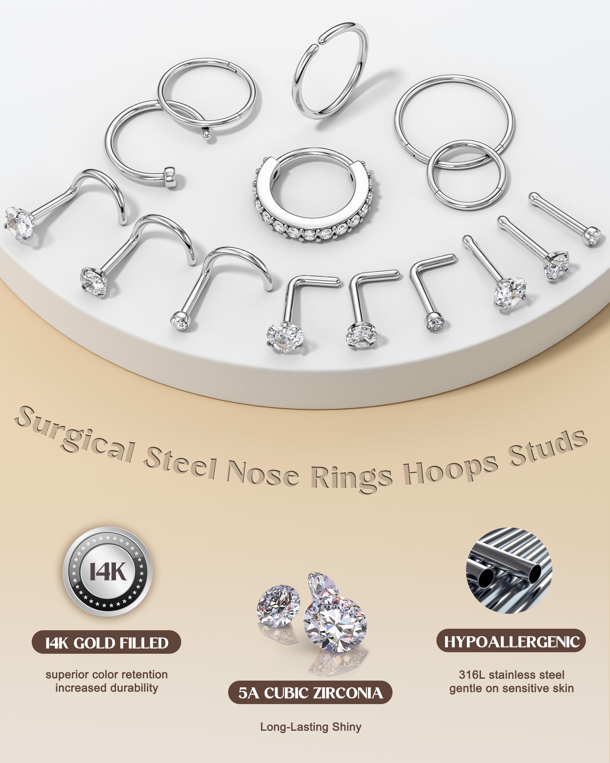 YADOCA 15 Piezas Piercing Nariz Acero Quirúrgico Hipoalergénico Anillos de Nariz Plata Oro Joyería Nostril