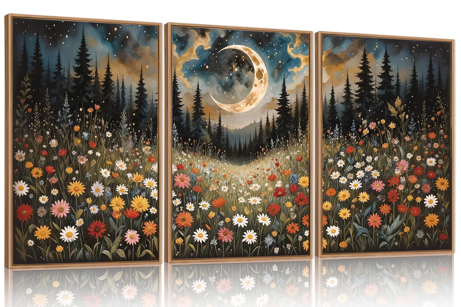 HPINUB Wildflower Moon Pine Tree Framed Canvas Wall Art Set,Nature Forest Wall Decor,Mystical Starry Night Artwork Rustic Mountain Landscape Art Print for Living Room,Bedroom,Office-24 x36 x3