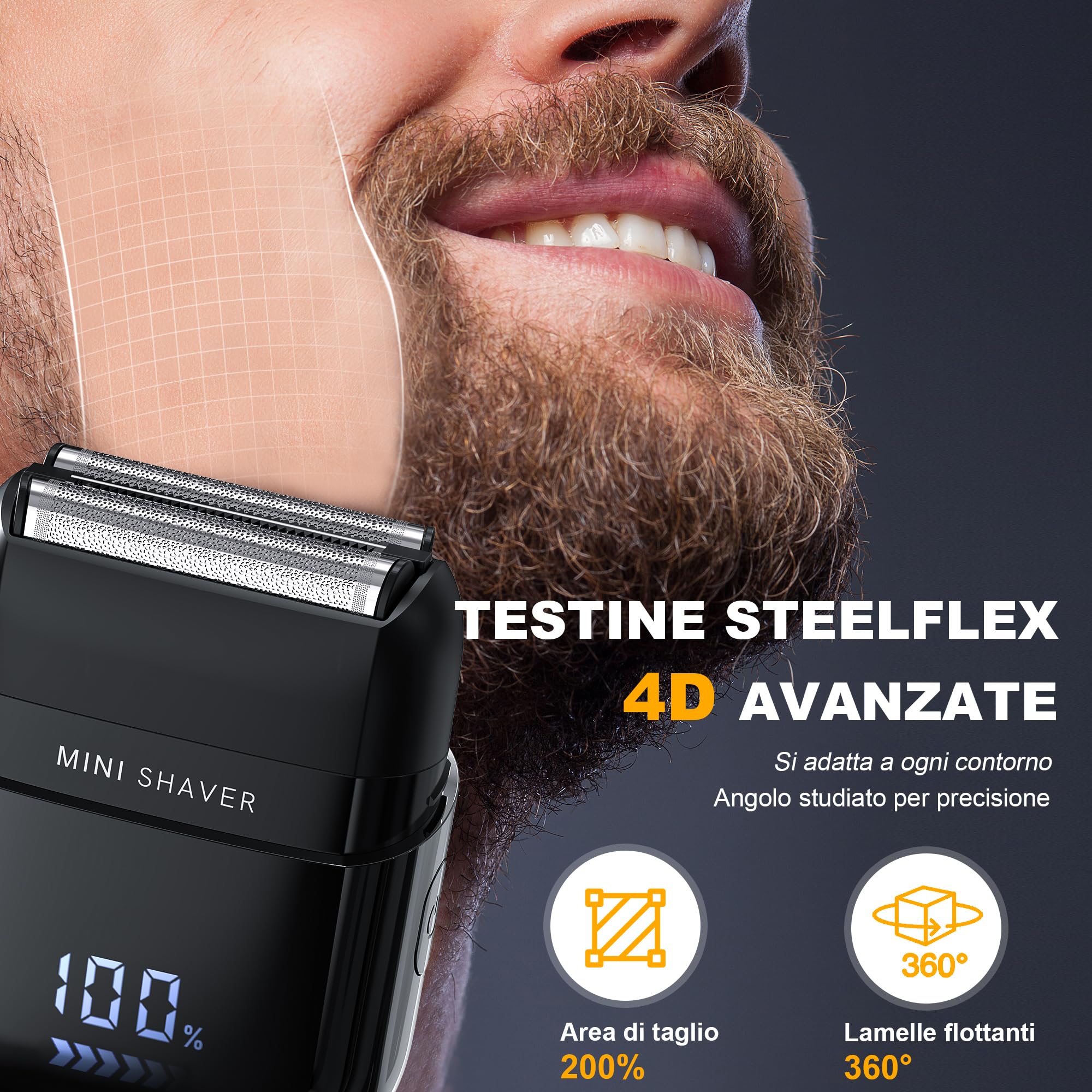 Mini Rasoio Elettrico Barba con Display LED, Rasoio Elettrico Uomo Impermeabile IPX7, Portatile Silenzioso e Lavabile