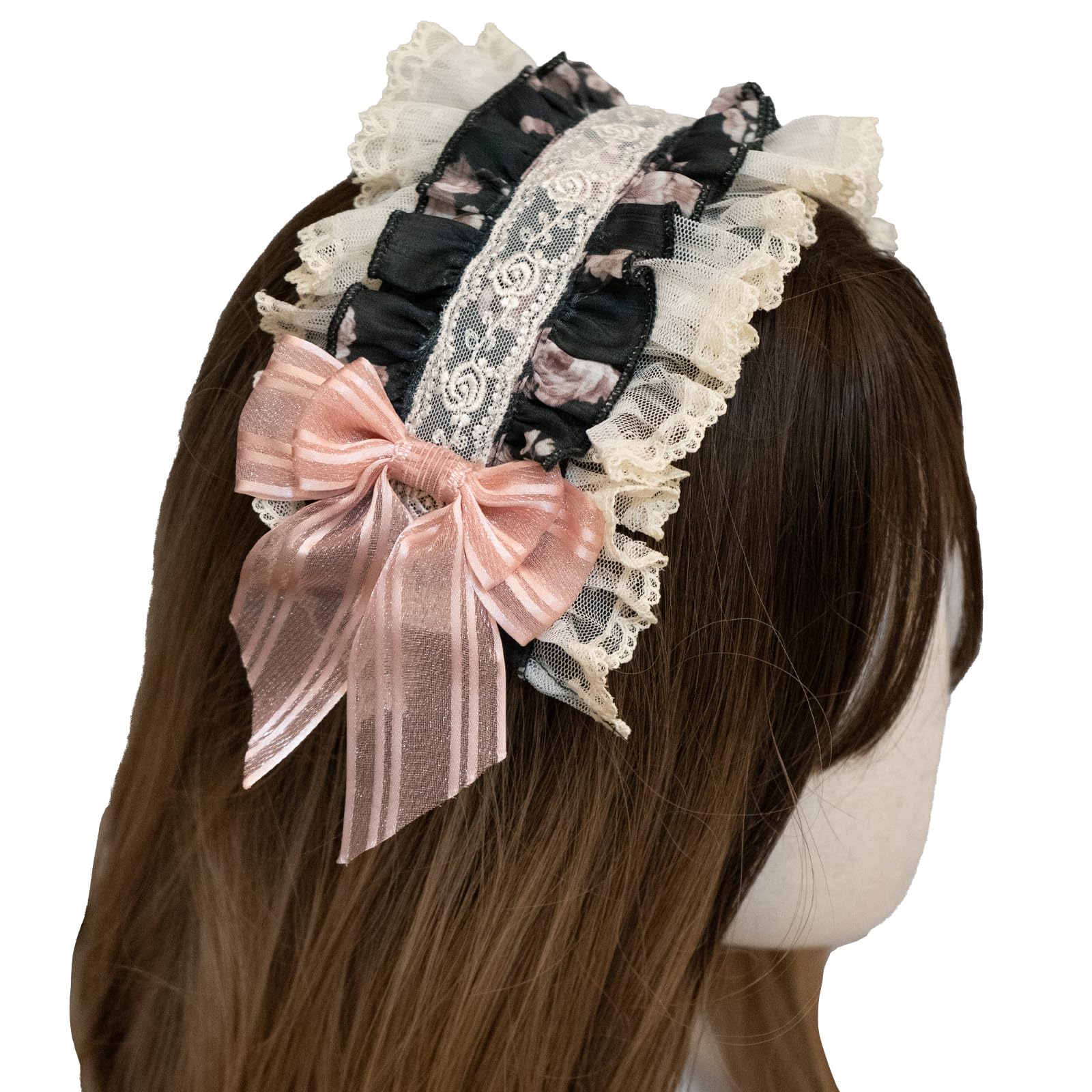 Chaton Jardin Women Girls Vintage Floral Print Lace Lolita Hairband Victorian Costume Maid Cosplay Headband Accessory Halloween Party Headdress (