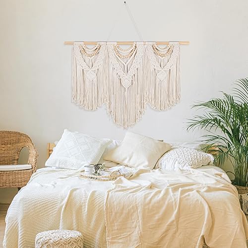 Miniatura 5 de Newwiee Tapiz de macramé grande de 43 x 32 pulgadas para colgar en la pared con barra, decoración bohemia para pared, decoración bohemia con borlas