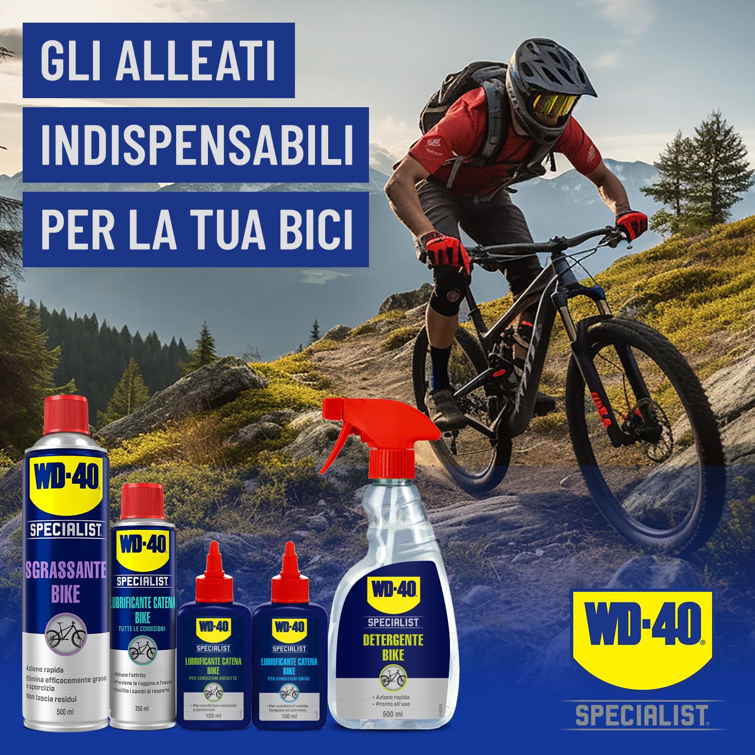 WD-40 Specialist Bike Kit Manutenzione Completo con Sgrassante 500 ml, Detergente 500 ml, Lubrificante Catena 250 ml, Guanti Precisione e Panno Microfibra per Pulizia Bici
