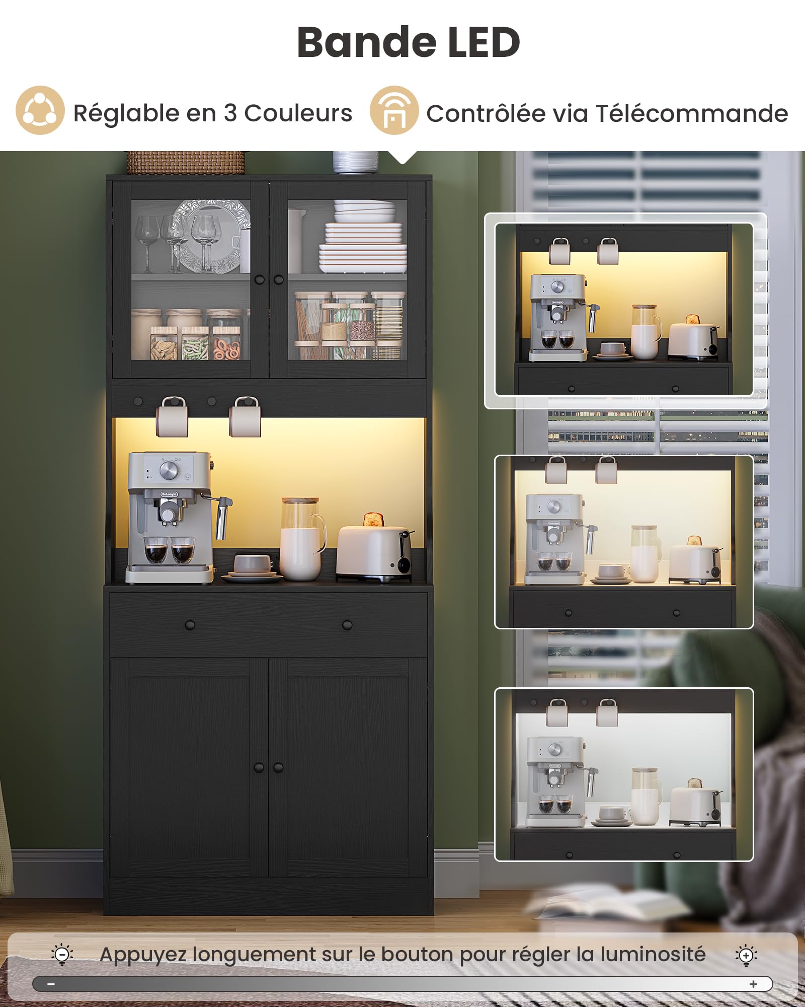 Buffet Cuisine avec LED et Multiprise, Meuble Cuisine Rangement avec Plan de Travail, 4 Compartiments Fermés, Tiroir avec Séparateurs, 4 Crochets, Étagères Réglables, Meuble Salle à Manger, Noir