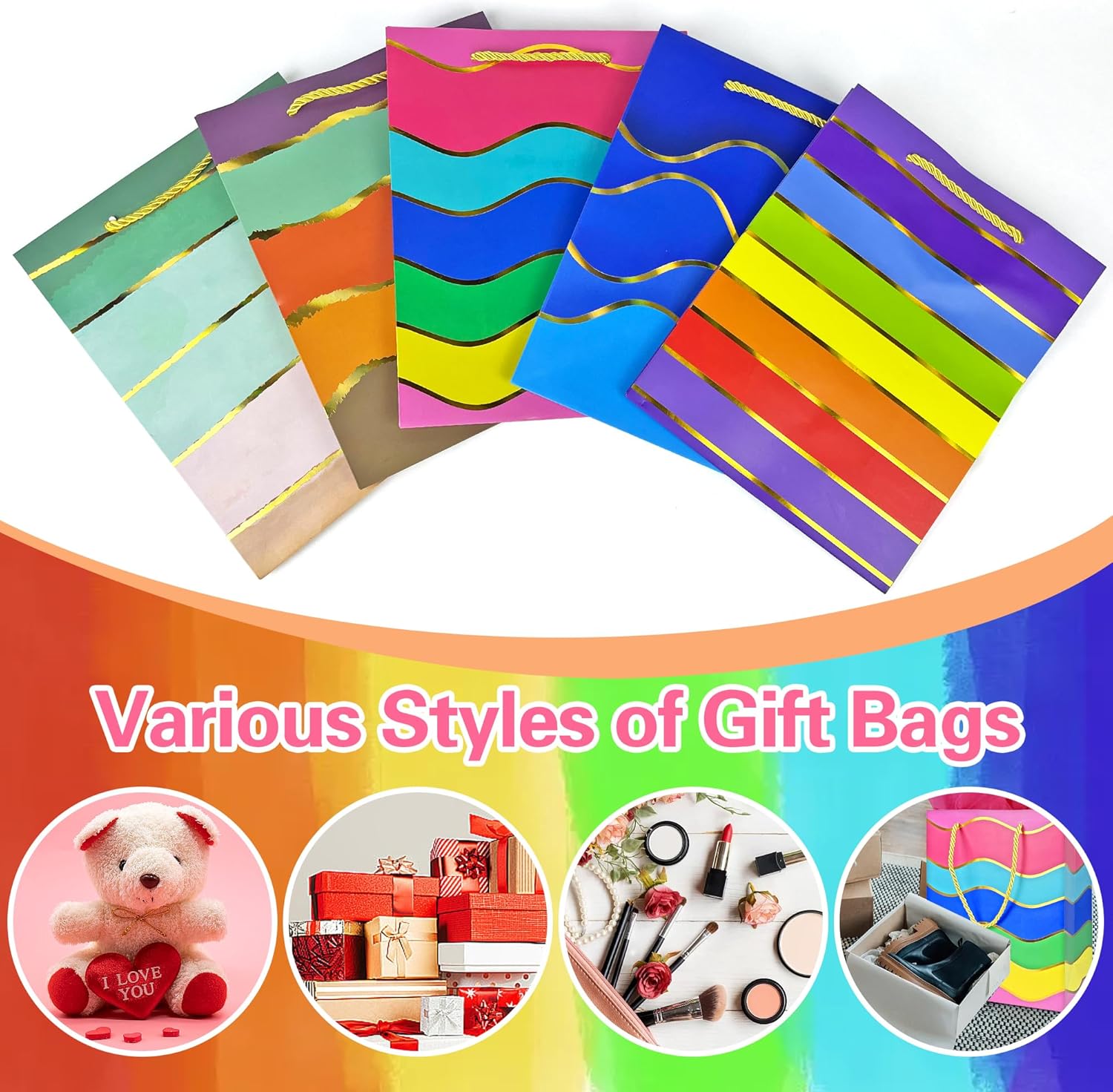MUMULULU 15 Pack Paper Gift Bags with Handle and Tissue Paper Birthday Bag Rainbow Gift Bags for Birthday Party Baby Shower Wedding Holiday Presents - Image 7