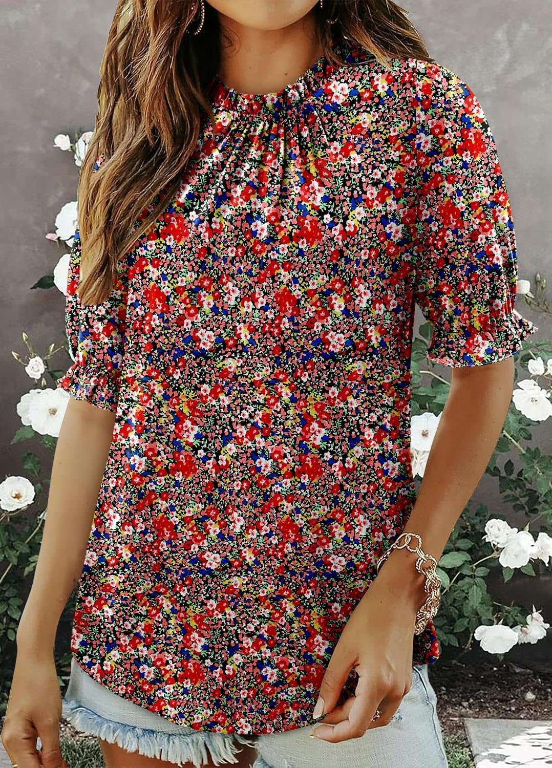 CHICZONE Women's Mock Neck Casual Summer Tops Ruffle Short Sleeve Keyhole Back Boho Blouses - Image 3