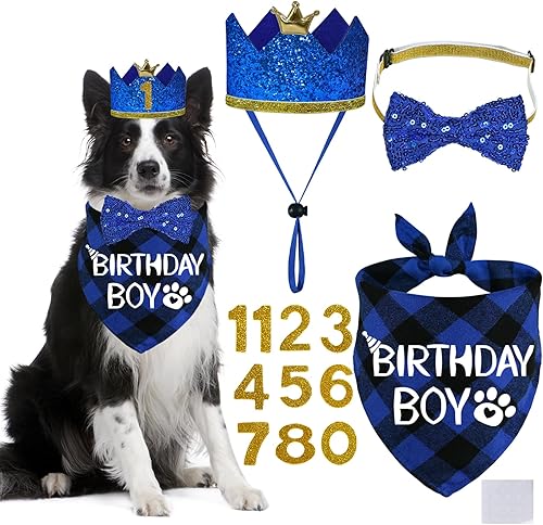 Miniatura 8 de STMK Suministros para fiesta de cumpleaños para perros, sombrero de cumpleaños de perro de varios tamaños con números, bandana para cumpleaños de